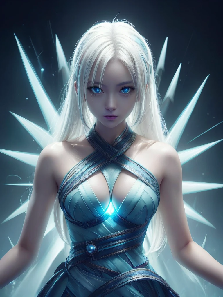 ((upper body)), best quality, masterpiece, a Japanese woman with ((Luminescence white hair)), ((detailed pearl blue eye)), high detailed goddess soul, focus on character, solo, (style swirl magic), solo, from front, front view, looking at viewer, detailed face, ((Luminescence Lighting Magic Circle theme)), perched on a ledge, tight neon body, light streaks, dark abyssal wanderer abstract, ((Simple Luminescence Neon Gown)), inscribed with mystical runes, outdoor dystopian background,