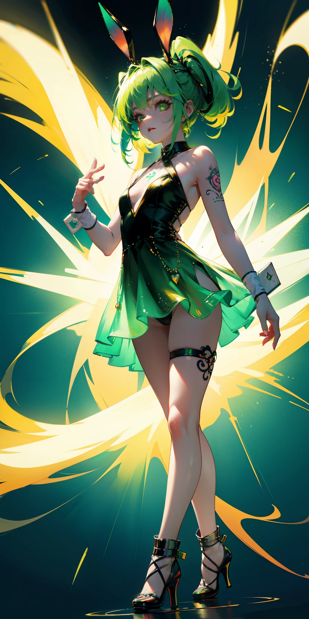 Rabbit technique , Science Fiction, Fluffy , 
1 girl, Tattoo, 发光Tattoo, Glowing eyes, Colorful glowing hair , Full body love, Green Hair,
  Kawaiitech, Soft colors, Kawaii, Lovely colors,
