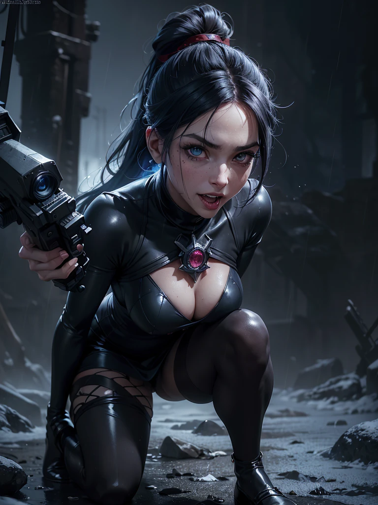 (Long-range shooting: 1.5), jinx \(league of legends\), (1girl，League of Legends Jinx)，(Scarlet eyes: 1.2, crazy laughter, Blue double ponytail hair: 1.5)，Kungfu，Wearing Doctor Strange costume，(Holding a particle laser cannon in hand，a revolver)，Aoshu crystal, Attack status，(Snowy mountain woods，surrounded by rain，League of Legends Game World)，Illustration style，The whole body is exposed to the rain for a long time，(exquisite facial features，Perfect hand featureartial arts style，(Selective focusing，full body shot of，tmasterpiece，ultra - detailed，Epic work，highest quality，8k，panorama, first-person view, atmospheric perspective, UHD, masterpiece, ccurate, anatomically correct, textured skin, high details, award winning, best quality),(best quality, 4k, 8k, highres, masterpiece:1.2), ((big oppai)),ultra-detailed, ((full doby standing)), sosteniendo un sniper,(realistic,photorealistic,photo-realistic:1.37), gorgeous light skin black woman, vampire, seductive gaze, gothic background, sensual beauty, gothic fashion, ripped black gothic miniskirt, torn clothes, (((patterned pantyhose))), (((small breasts))),dark colors, moody lighting, full body pose, (((crawling on knees))), (((full hips))),unity 4k,PECHOS CAIDOS GRANDES,((big bun hair, grande y grande)),delineado de ojos negro fuerte,((latex dress)))（latex bra）,(escote:1.2), hermosos ojos detallados, Luz en la cara, ((Toma de cuerpo completo)), Luz particularmente fuerte, grueso ponytail, piernas grandes y largas y bien formadas, mirando al espectador, pelo rubio, ojos grises, joyas, cuerpo completo, cuello, fuera del hombro, sweater, labios, realista, nariz, Flirt with the camera, de cerca, realismo, ojos detallados, pecas, (((ojos grises)))wet ,I&#39;M 22 years,todo el cuerpo,wearing tacones altos,de pie,usando un traje de conejito,,sonrisa coqueta,latex dress,(correct anatomy:1.3),(cuerpo completo:1.5),grueso, muslos regordetes,,una minifalda,(Mirando al espectador:1.4),, 8K, foto cruda, ((cuerpo completo photo))

