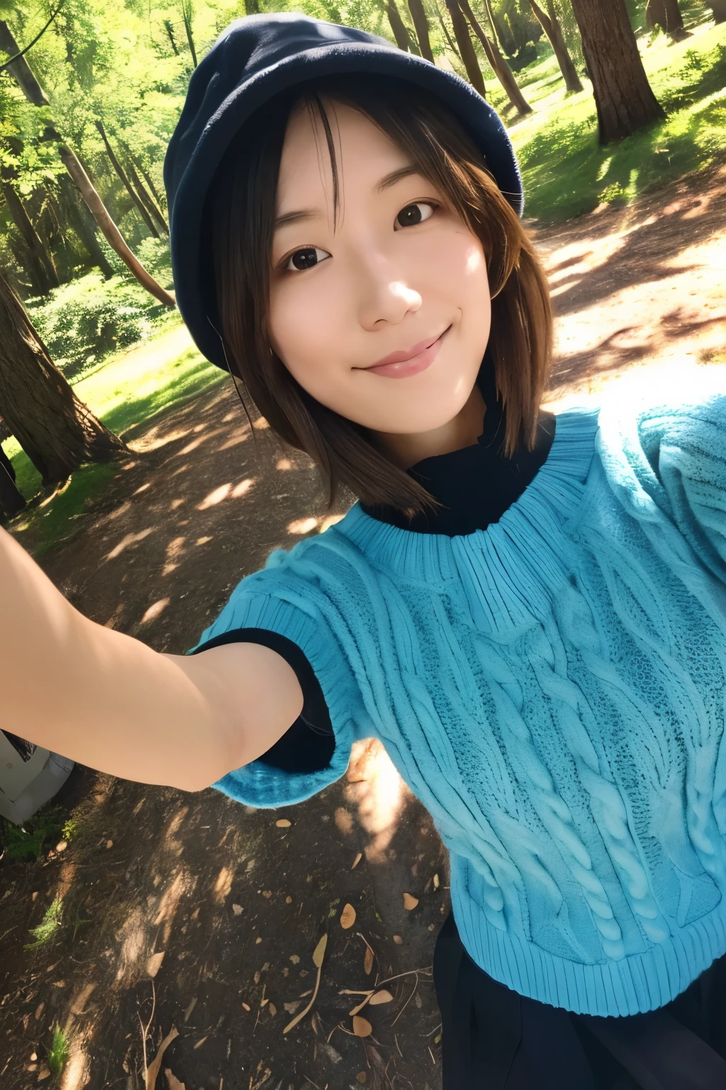 1 woman, ((upper body selfie, happy)), masterpiece, best quality, ultra-detailed, solo, Slender Japanese woman, 30 years old, outdoors, (night), mountains, nature, (stars, moon) cheerful, backpack, sleeping bag, camping stove, water bottle, mountain boots, gloves, sweater, hat, flashlight, forest, rocks, river, wood, smoke, shadows, contrast, clear sky, analog style (look at viewer:1.2) (skin texture) (film grain:1.3), (warm hue, warm tone) :1.2), close up, cinematic light, sidelighting, ultra high res, best shadow, RAW, wearing pullover