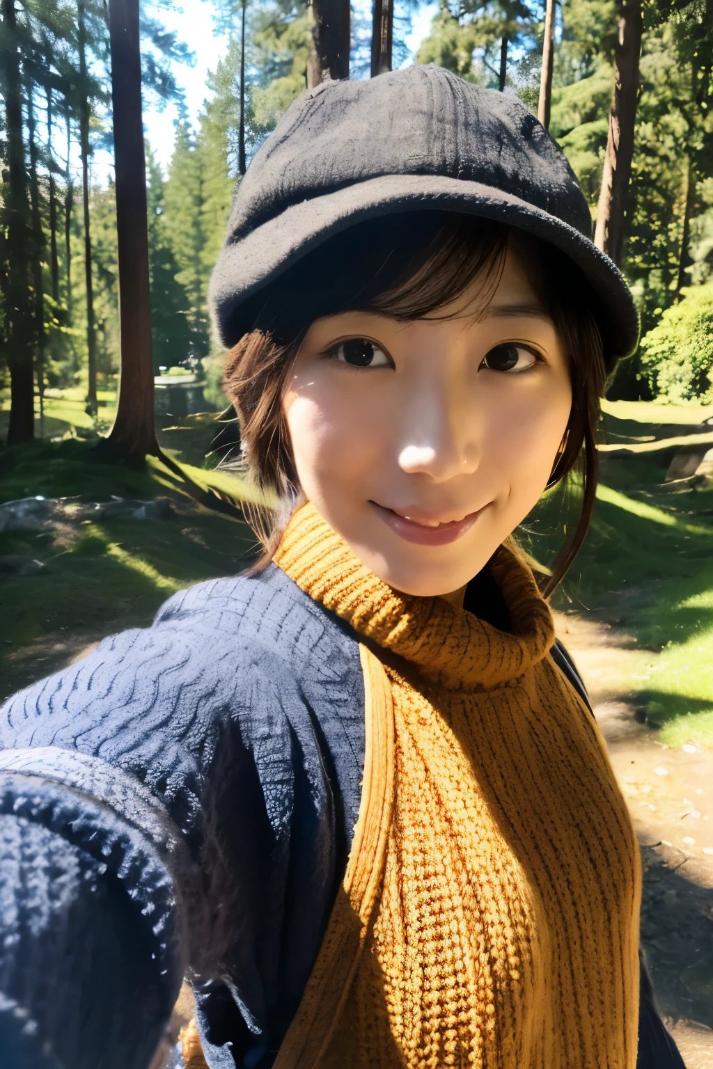 1 woman, ((upper body selfie, happy)), masterpiece, best quality, ultra-detailed, solo, Slender Japanese woman, 30 years old, outdoors, (night), mountains, nature, (stars, moon) cheerful, backpack, sleeping bag, camping stove, water bottle, mountain boots, gloves, sweater, hat, flashlight, forest, rocks, river, wood, smoke, shadows, contrast, clear sky, analog style (look at viewer:1.2) (skin texture) (film grain:1.3), (warm hue, warm tone) :1.2), close up, cinematic light, sidelighting, ultra high res, best shadow, RAW, wearing pullover