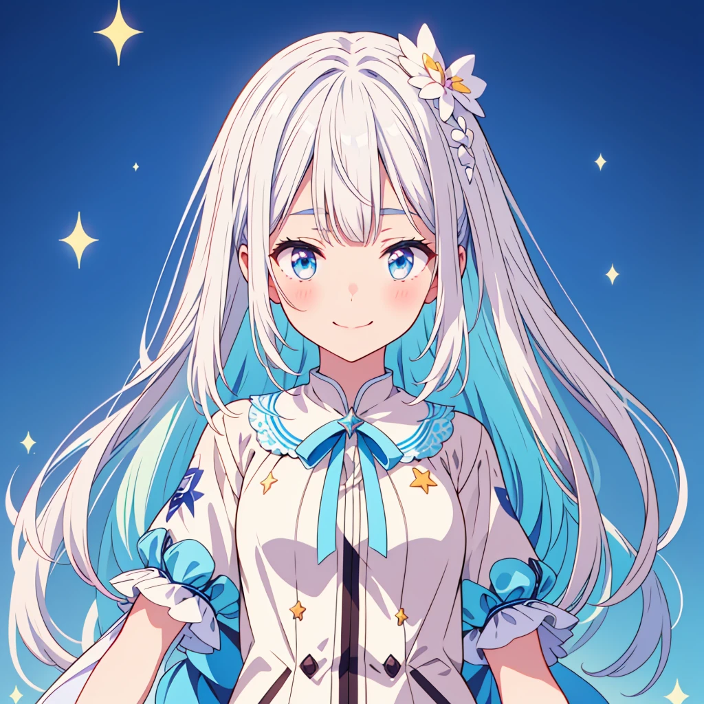 Cute Smile、Star Fairy、glow hair 、Vtuber half、Bangs shorter than eyebrows Aster Piece、highest quality、Best illustration、Super fine、Upper Body、solo、1 girl、looking at the camera、upright、Arms at your sides、Beautiful delicate eyes、Concept Art、More frontal、White background、Simple Background、Droopy and large eyes、Ultra-fine mesh、Sparkling Eye Silky White and Blue Gradient Long Hair、Short sleeve、Watercolor pencil、Kind Face、Virtual YouTuber、