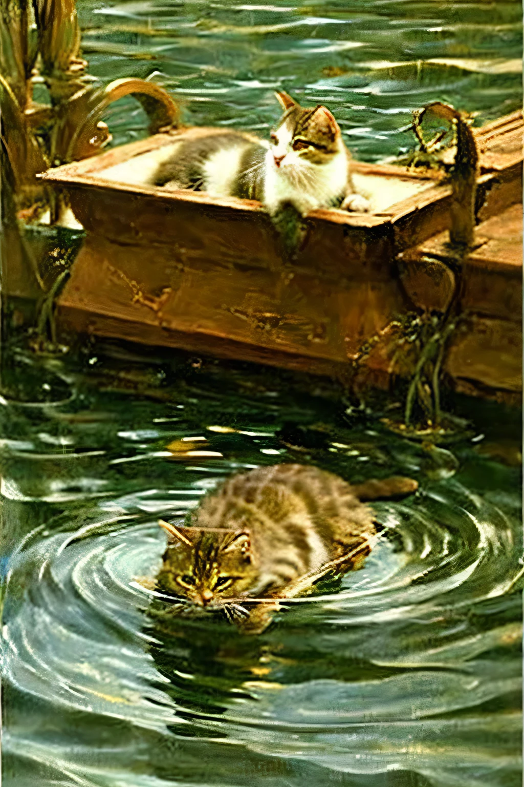 renaissance painting of a cat, refer to renaissance paintings, swimming cat