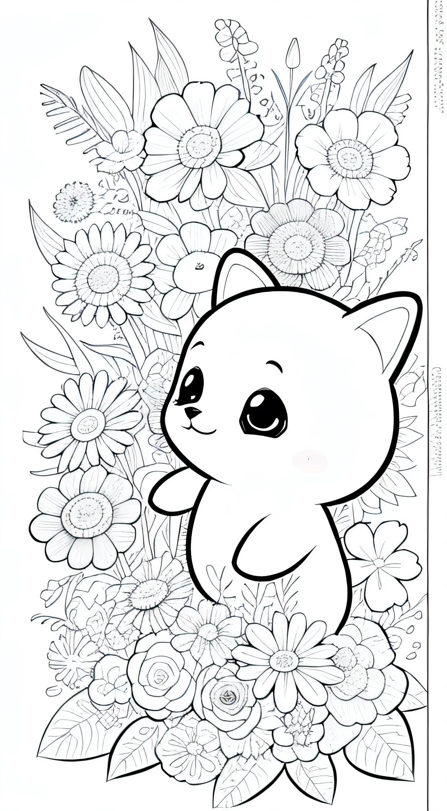 ???'s coloring book drawings, cute cartoon animals with flower garden, White background, monochrome, Precise lines, best quality, Black and white color palette, line art,  draw line, sketch