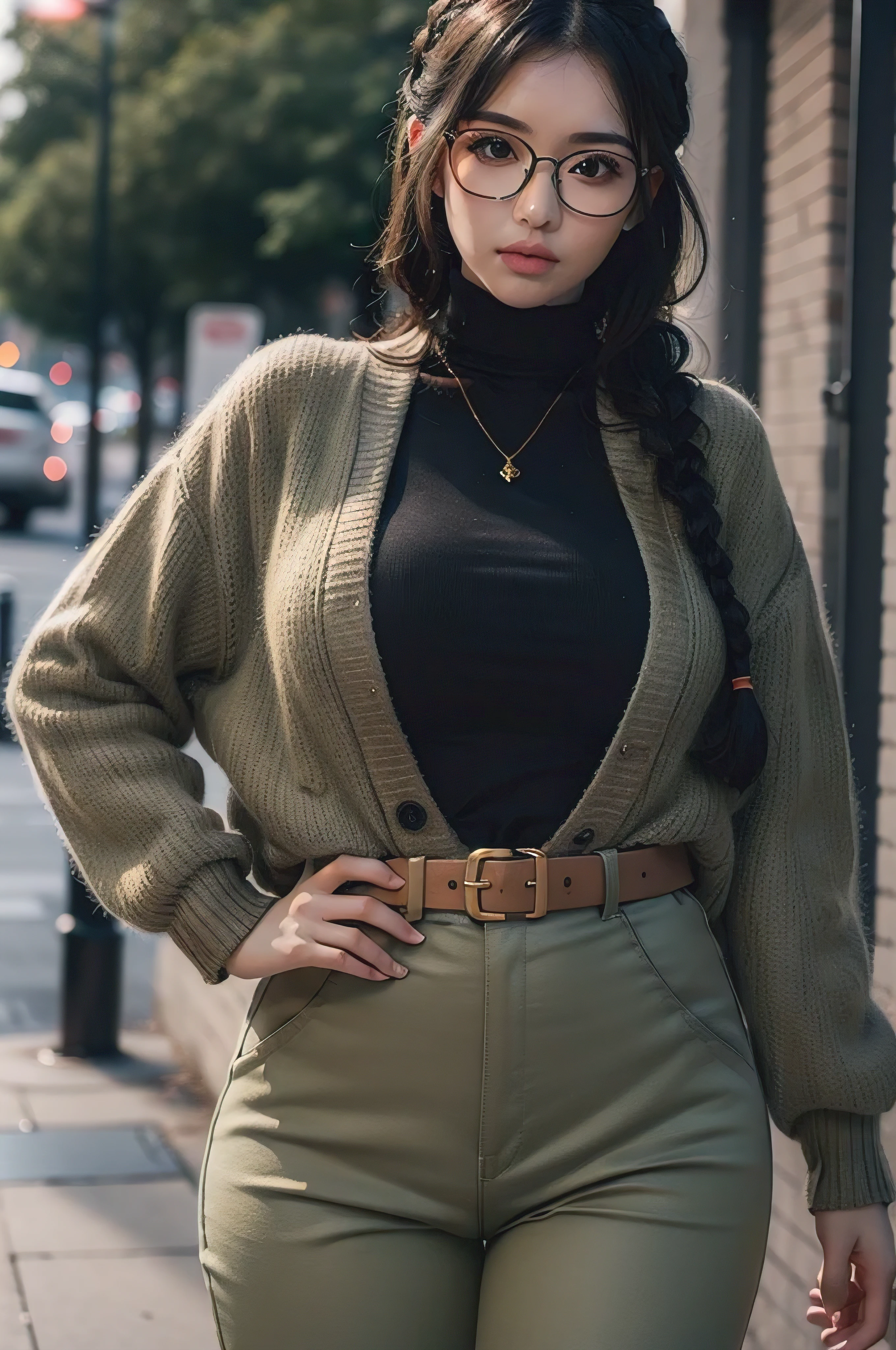 (masterpiece1.5),adult lady,Huge breasts,Solo,(((braid))), Long hair, half-opened mouth,(Red Frame Glasses),(Black hair), (large eyes with double eyelids),(Thick lip),(lofty nose),(High gauge (tight fitted:1.1) (Black:1.3) turtle neck:1.1), (Tuck-in:1.3), (Orange Cardigan:1.2), (checkered (Dark olive green) Tapered pants:1.3), Dark brown belt, Gold necklace, (Dark brown:1.1) lowfers,Nice backgrounds for your subject、beatiful backgrounds、spot light、Vibrant colors、(((Detailed drawing)))、Perfect Beautiful Girl