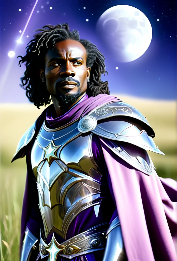 A black man, a cleric, wearing a ligth silver armor and a purple cloak with details of stars, constellations, and moons. He is tall and strong, with a proud posture, walking in a grassy field under the moon light. Portrait, high definition, detailed eyes, bust image, cinematic light. He have long rastafari hair,  highly based on african culture. 