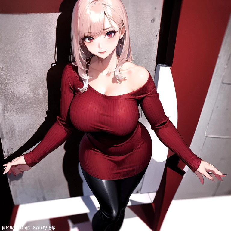 sfw, masterpiece, hyper quality, hyper-detailed, perfect anatomy, 1woman, dramatic angle, seductive pose, a 28 year old woman is skinny and large breasts, wine red colored skin tight sweater with scoop neck and long sleeves, dress pants, high heels, cleavage, (crop top navel,:0.5)