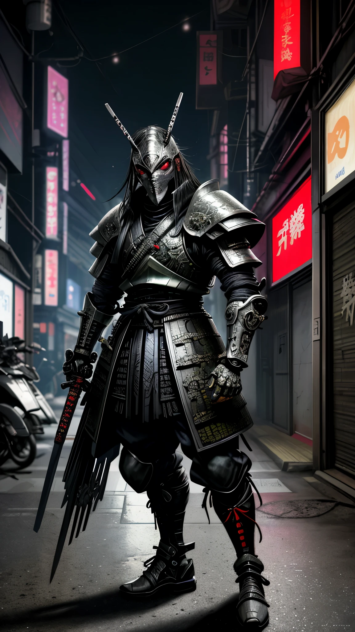 un hombre con armadura parado en una calle de la ciudad por la noche, very beautiful cyberpunk samurai, cyberpunk samurai, neon samurai, portrait of a cyberpunk samurai, samurai urbano, Traje de llama cyberpunk, armadura ciberpunk, Japanese cybernetic samurai armor, cyborg samurai, caballero ciberpunk, neon armor, wearing techwear and armor, cyber japan style armor, japan cyber armor, gladiador ciberpunk, intricate armadura ciberpunk