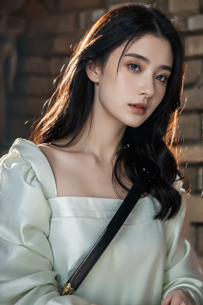 ( masterpiece, top quality, best quality,8k, girl,ultra detailed,raw photo:1.5),(photorealistic:1.4),(cinematic lighting), PerfectNwsjMajic, , Surrealism, UHD, ccurate, Super detail, textured skin, High detail, Best quality, dynamic angle, (high nose,White skin),[Beautiful blue eyes],[flat chest:large breasts:0.5],(1girl),(good anatomy:0.5)), of a woman in a dress with a sword, a beautiful fantasy empress, ((a beautiful fantasy empress)), beautiful fantasy maiden,black hair