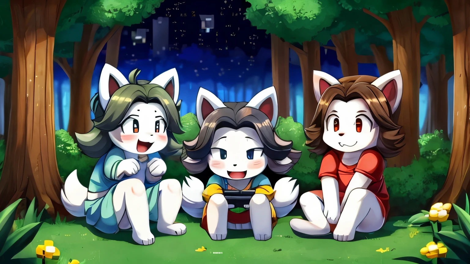 Background 8 bit gaming, forest, trees, cute, various temmie from Undertale playing with each other, expressive anime ayes