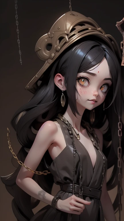 ((Background made of chains and ruins))、scribble, nightmare, doll-like face, Manga style, rough sketch, Horror elements, (masterpiece), (High resolution), (Very delicate), (clear), Manga style illustration, (drawing style), Japanese painting, My whole body is scary, (spooky), Japan sculpture,crazy illustration, Flat Illustration, spookyな外観, Characteristic hairstyle, Unique atmosphere、Blood splatter、Beautiful Frankenstein、Small eyes、(Flat Chest),Colorful hair color,Chains wrapped around the body、(Stitched Body))、39;Coming towards me.,Skin full of stitches,restrained by thick chains