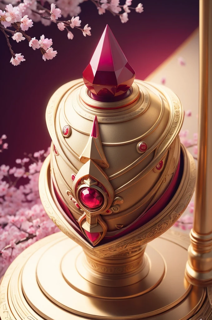 beautiful japanese young woman, wearing hazmat suit made of gold, thick symmetrical features, very short hair, background is cherry blossoms, pink aura, red lips, octane render,