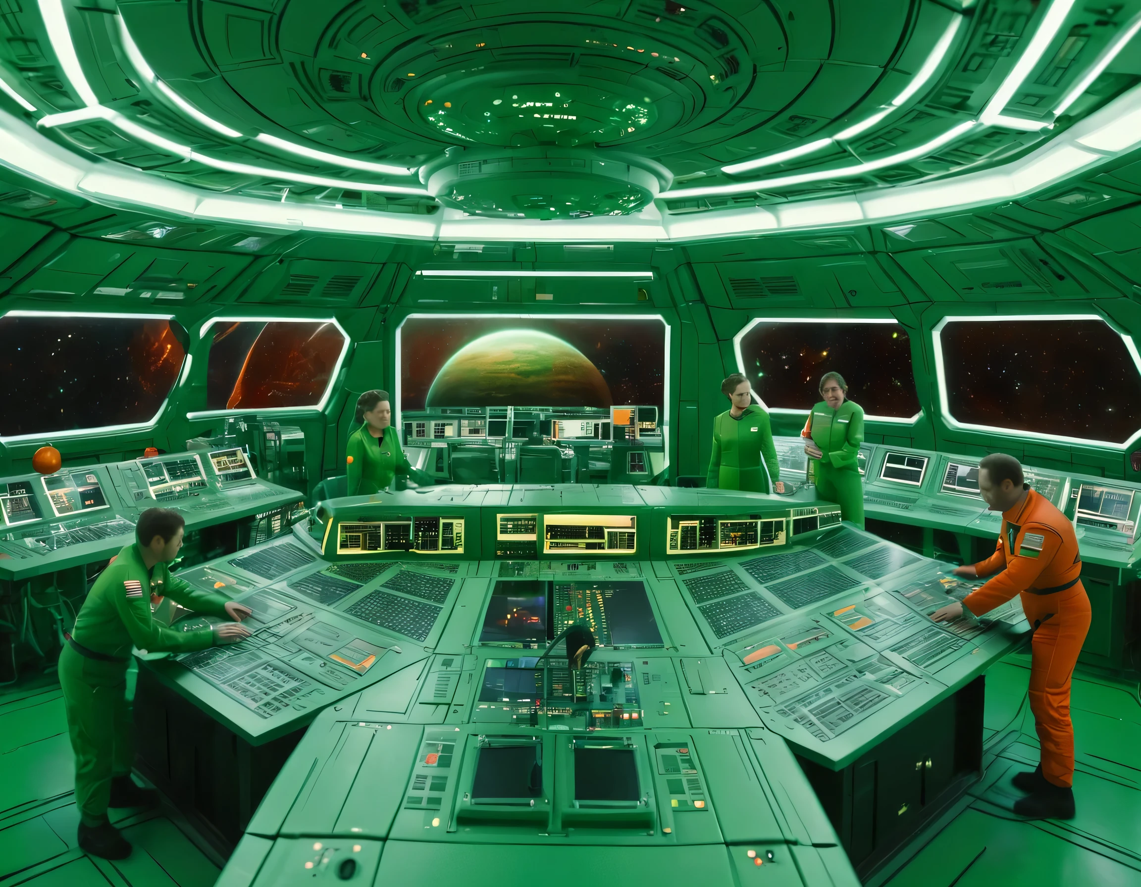 a panoramic image of tree people dress in green jumpsuit working on controls in a large l white control room in a spaceship, orange light, windows show the red space with a planet, high details, cinematic
