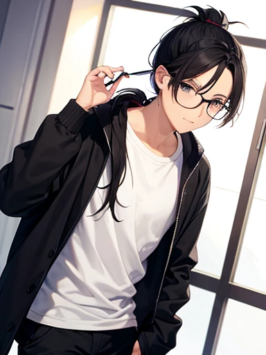 Black Hair，ponytail，He is holding up his glasses with his left hand，It&#39;s too bright and I close my left eye，Sandy Beach，Shorts，Rolling up the sleeves of his shirt