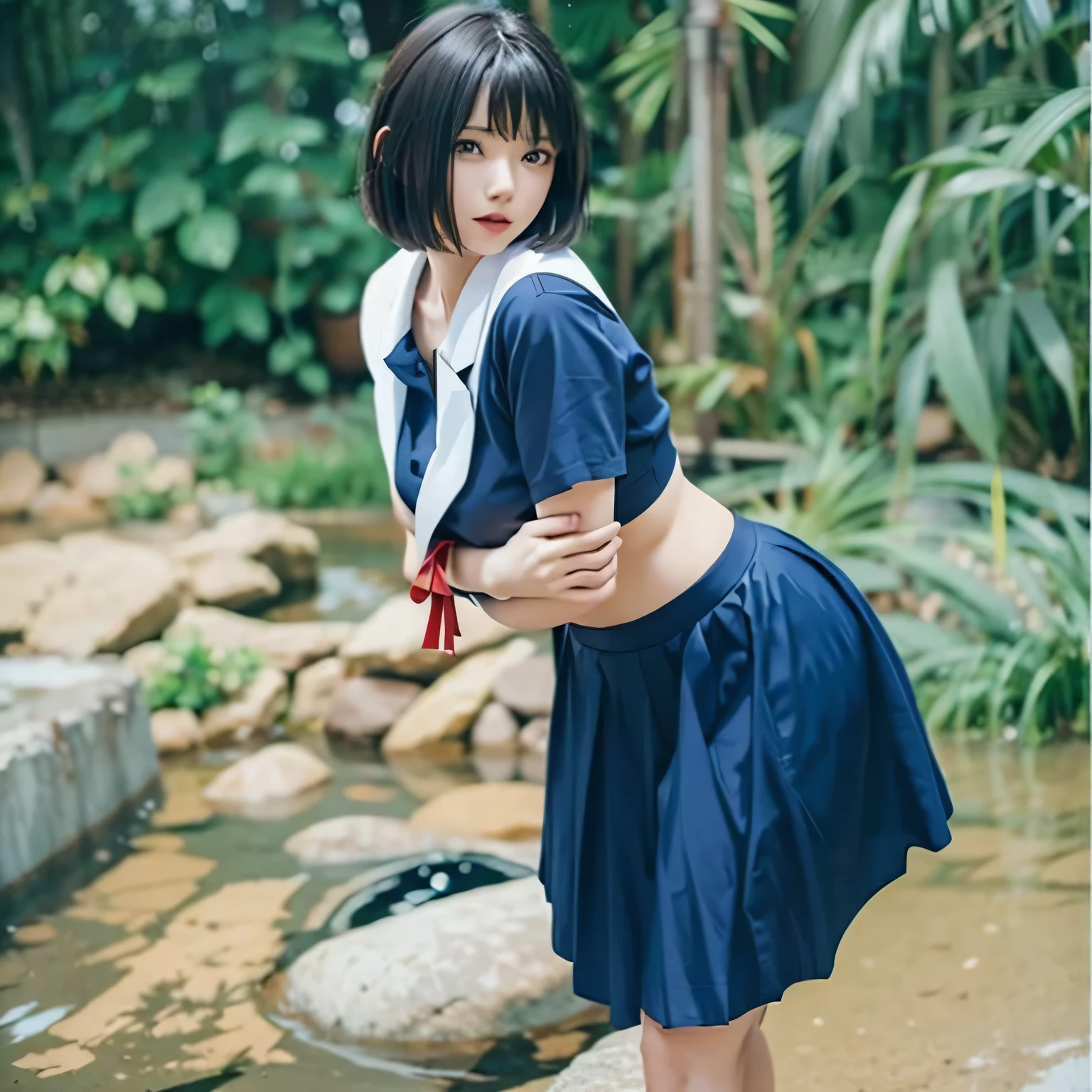(High quality raw photos), 8K, highest quality, masterpiece, Shiny black hair, Short Hair, delicate and beautiful big eyes, (Small light blue shirt), (She has a red ribbon on her chest.), (Change to a super mini skirt:1.3), (Amazingly pretty girl), Pose with buttocks exposed, Adorable face,