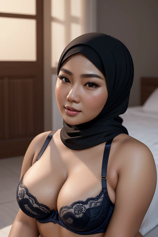 (hyperdetailed, Hyper-Realism), ((8K, realistic)) Pan asian Malay women with hijab, plump breasts, POV shot, soft chubby body, mature, ((Realistic on skin detail)), with sheer bra on chest, ((realistic bra detailed, daily bra type)), lustful face
