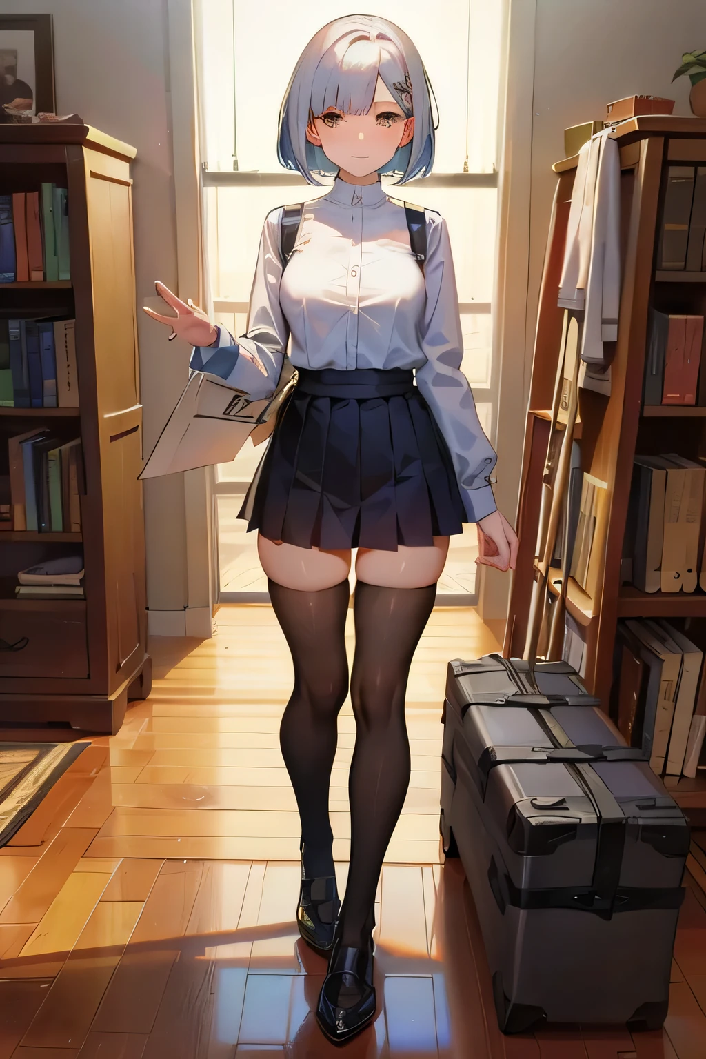 highest quality, expensive_solve, clear_image, classroom, Shy in uniform,Black bob cut, Swollen breasts,mini skirt,Thighs,black tights