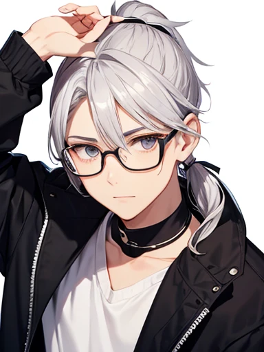 Silver Hair，ponytail，He is holding up his glasses with his left hand，that&#39;It&#39;s too bright so I close my left eye，Sandy Beach，Shorts，Roll up your shirt sleeves