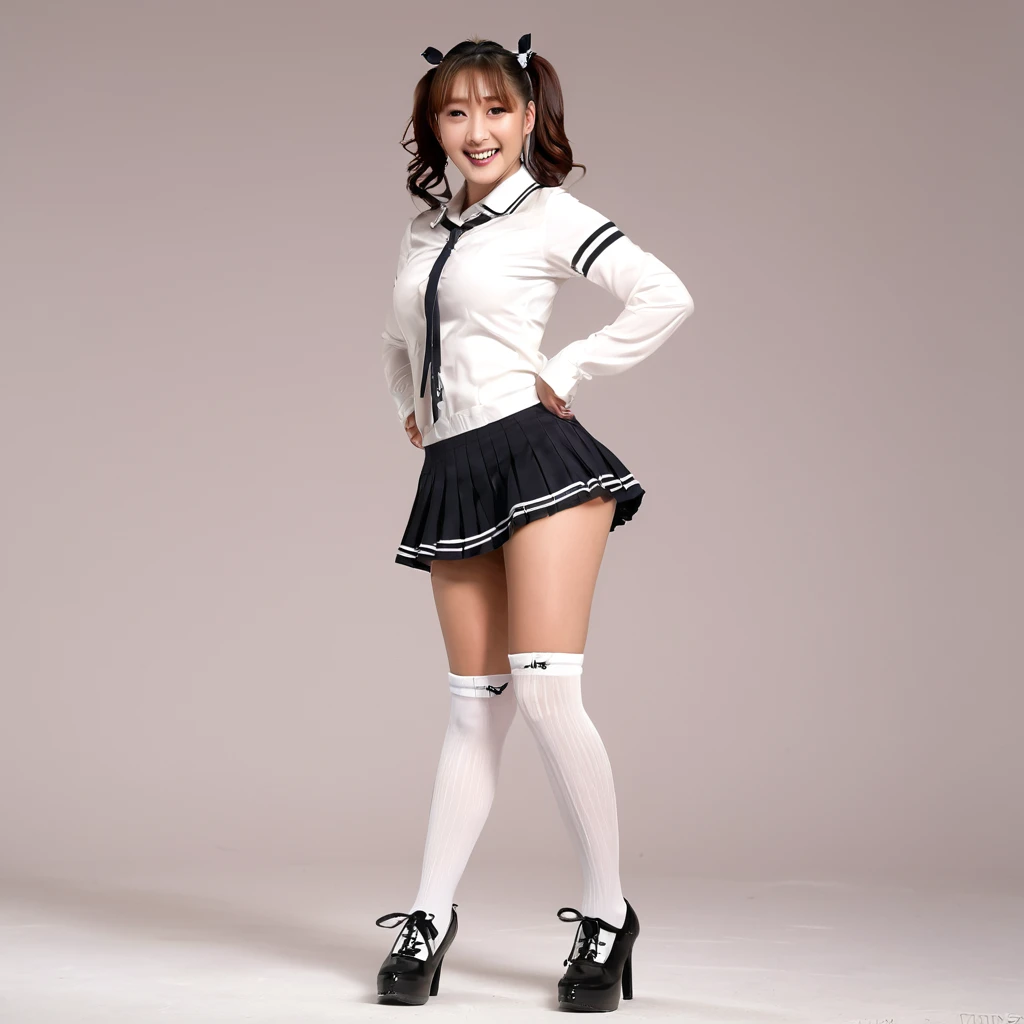 1 Girl,Young face,１6 ,,A big smile,16mm, ローライズでチェックの超Micro mini pleated skirt,american school,Belly button exposed,Pose with one hand on hip and butt sticking out,Garter Stockings，2mm, Full Frame, wide, (highest quality), Professional Lighting, (ultra High Resolution), High Resolution, (Cinematic lighting), 4k, 8k, masterpiece, Low angle view from under the feet，White knee-high socks,Garter Stockings，Big tits black pumps，Realistic Light, Natural light, Realistic Shadows, masterpiece, (highest quality:1.2), [:Intricate details:0.2], Large Breasts, Looking up from under your feet, Sparkling Aura, Intense concentration, Shining Mote,Korean Idol，Micro mini pleated skirt，Low-rise checkered mini skirt,Charming smile，White ribbon，Cleavage，ponytail，Skirt fluttering in the wind，，
