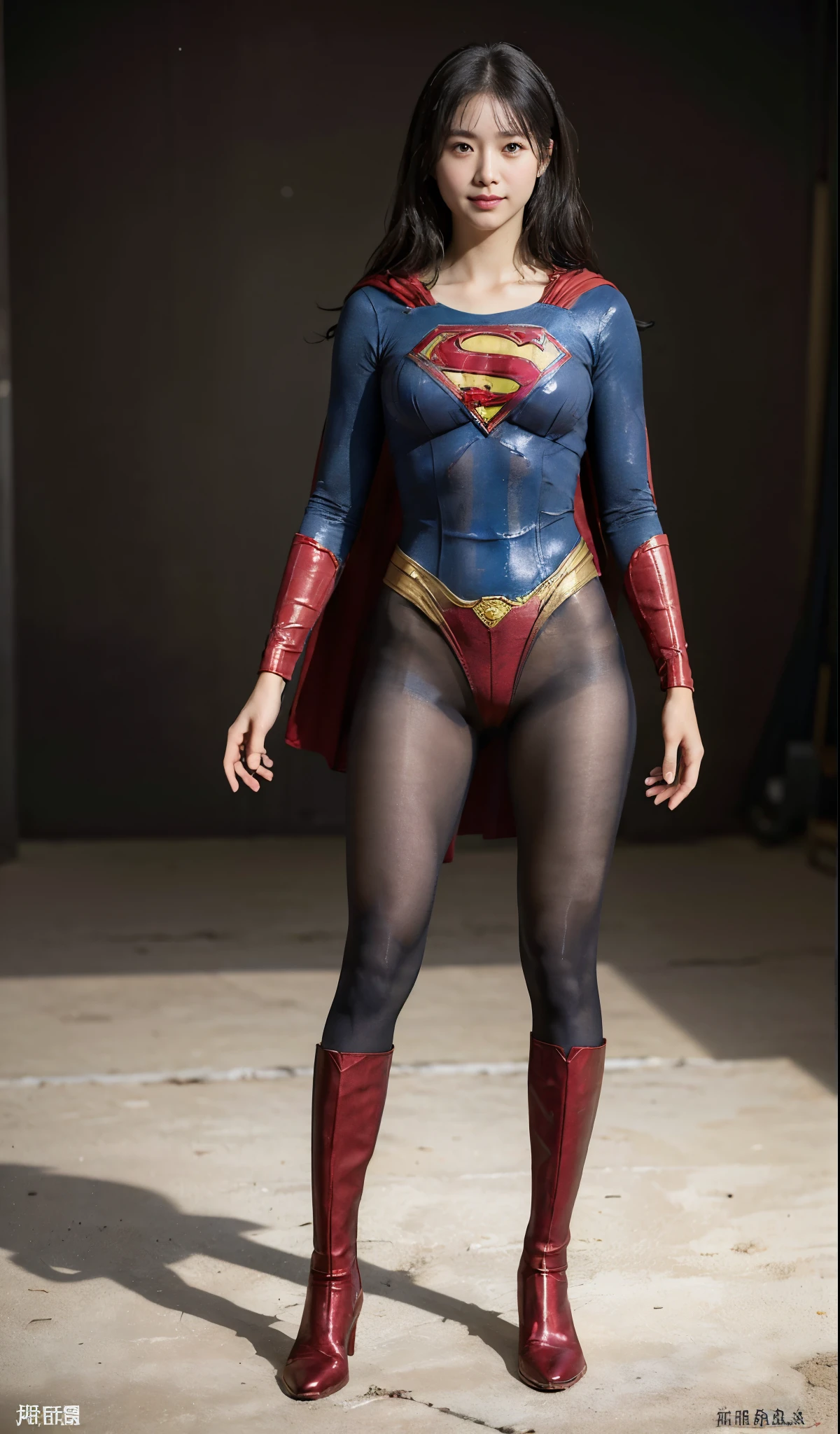 No background、(((Beautiful legs in black tights.)))、(((Legally express the beauty of your smile)))、((((Make the most of your original images)))、(((Supergirl Costume)))、(((Beautiful Hair)))、(((suffering)))、(((Please wear black tights....、Wear red boots)))、((Best image quality、8K))、((highest quality、8K、masterpiece:1.3))、(((Preserve background )))、Sharp focus:1.2、Beautiful woman with perfect figure:1.4、Thin abdominal muscles:1.2、Wet body:1.5、Highly detailed face and skin texture、8K