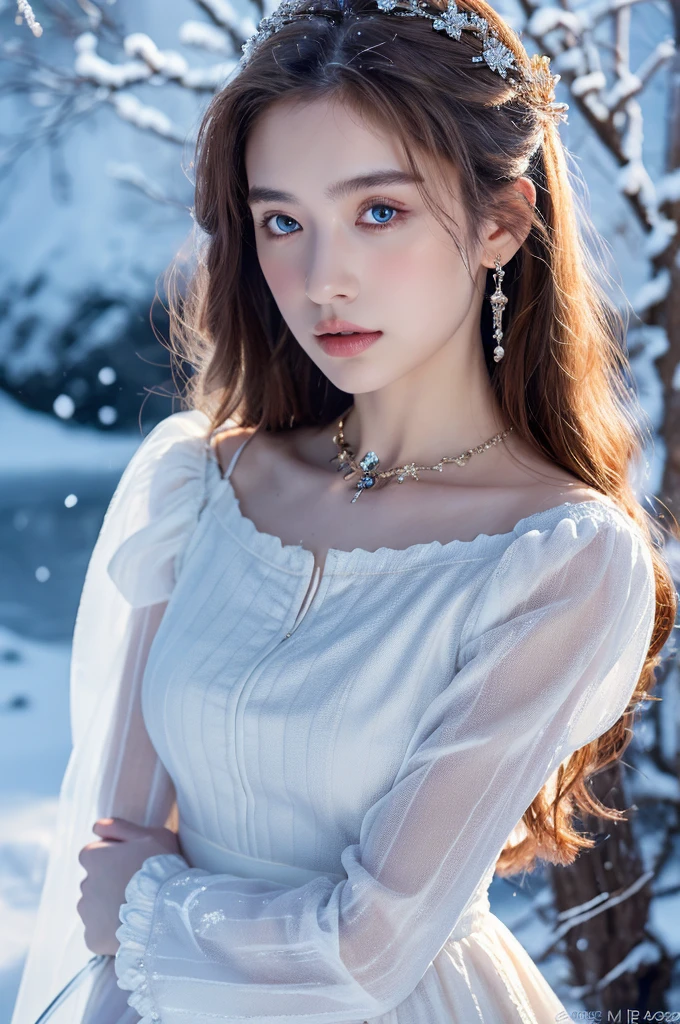 ( masterpiece, top quality, best quality,8k, girl,ultra detailed,raw photo:1.5),(photorealistic:1.4),(cinematic lighting), PerfectNwsjMajic, , Surrealism, UHD, ccurate, Super detail, textured skin, High detail, Best quality, dynamic angle, (high nose,White skin),[Beautiful blue eyes],[flat chest:large breasts:0.5],(1girl),(good anatomy:0.5)), of a woman in a dress with a sword, a beautiful fantasy empress, ((a beautiful fantasy empress)), beautiful fantasy maiden,snow, jewelry, splendor 