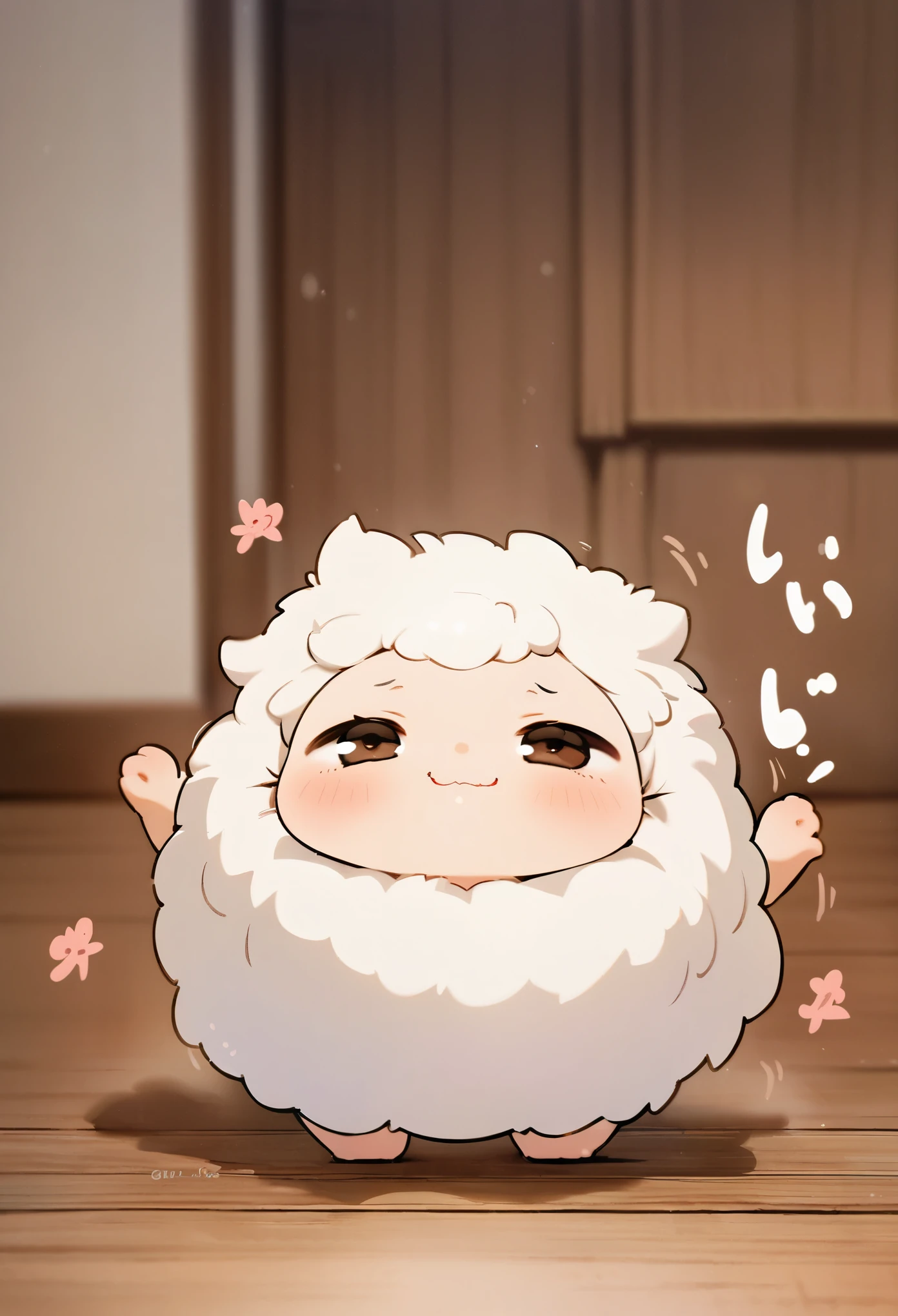 best quality, super fine, 16k, super deformed, fluffy, very cute Munchkin runs up to you, with a cute face and cute gestures, background wooden floor