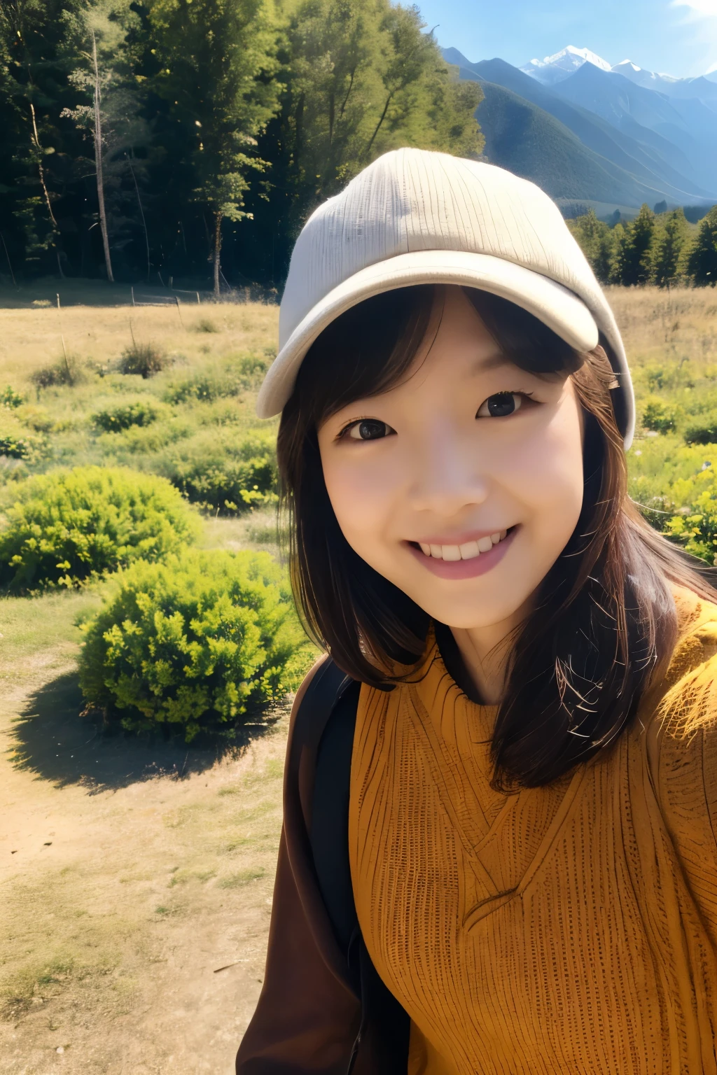 1 woman, ((upper body selfie, happy)), masterpiece, best quality, ultra-detailed, solo, Slender Japanese woman, 30 years old, outdoors, (night), mountains, nature, (stars, moon) cheerful, backpack, sleeping bag, camping stove, water bottle, mountain boots, gloves, sweater, hat, flashlight, forest, rocks, river, wood, smoke, shadows, contrast, clear sky, analog style (look at viewer:1.2) (skin texture) (film grain:1.3), (warm hue, warm tone) :1.2), close up, cinematic light, sidelighting, ultra high res, best shadow, RAW, wearing pullover