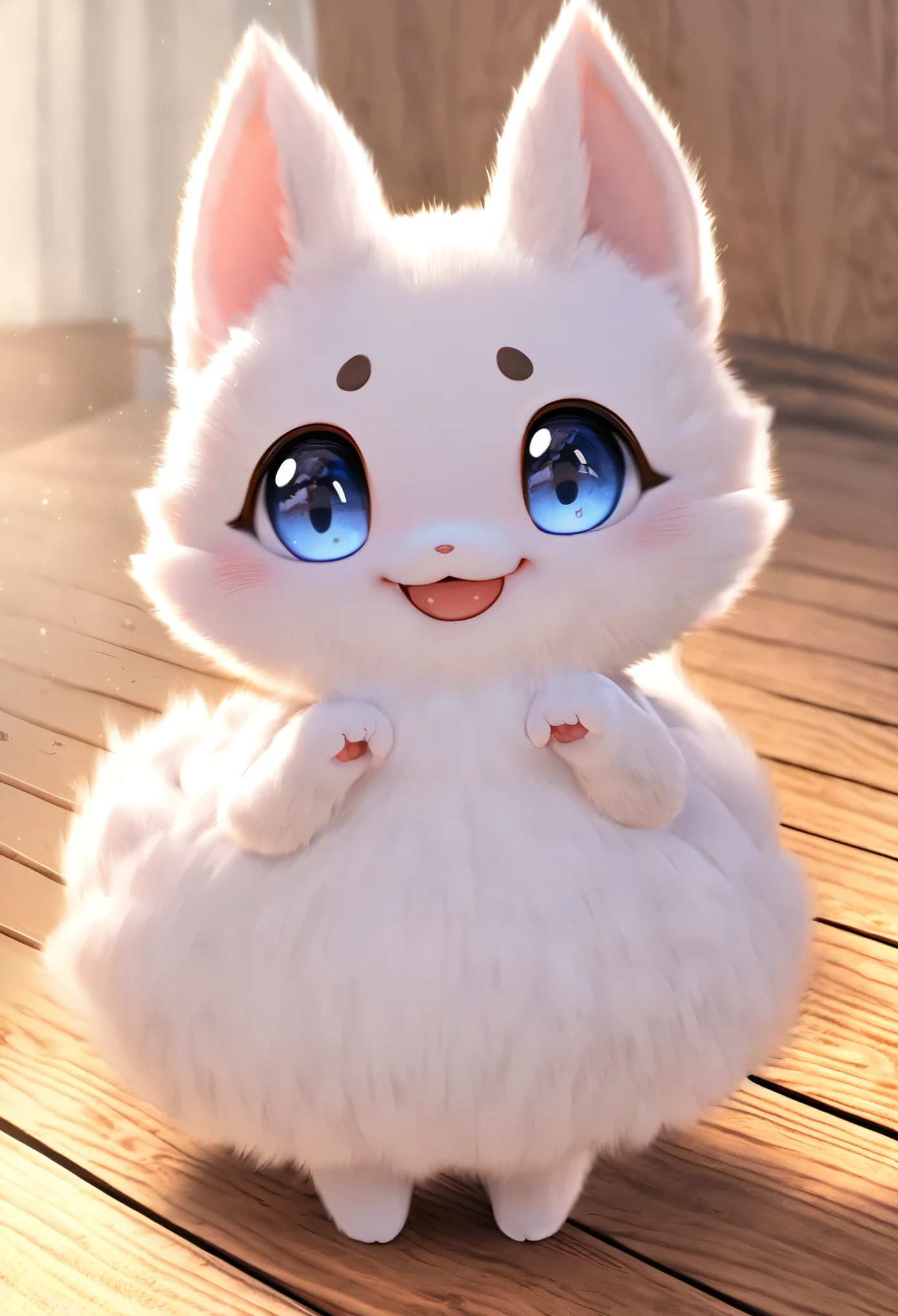 best quality, super fine, 16k, super deformed, fluffy, very cute Munchkin runs up to you, with a cute face and cute gestures, background wooden floor