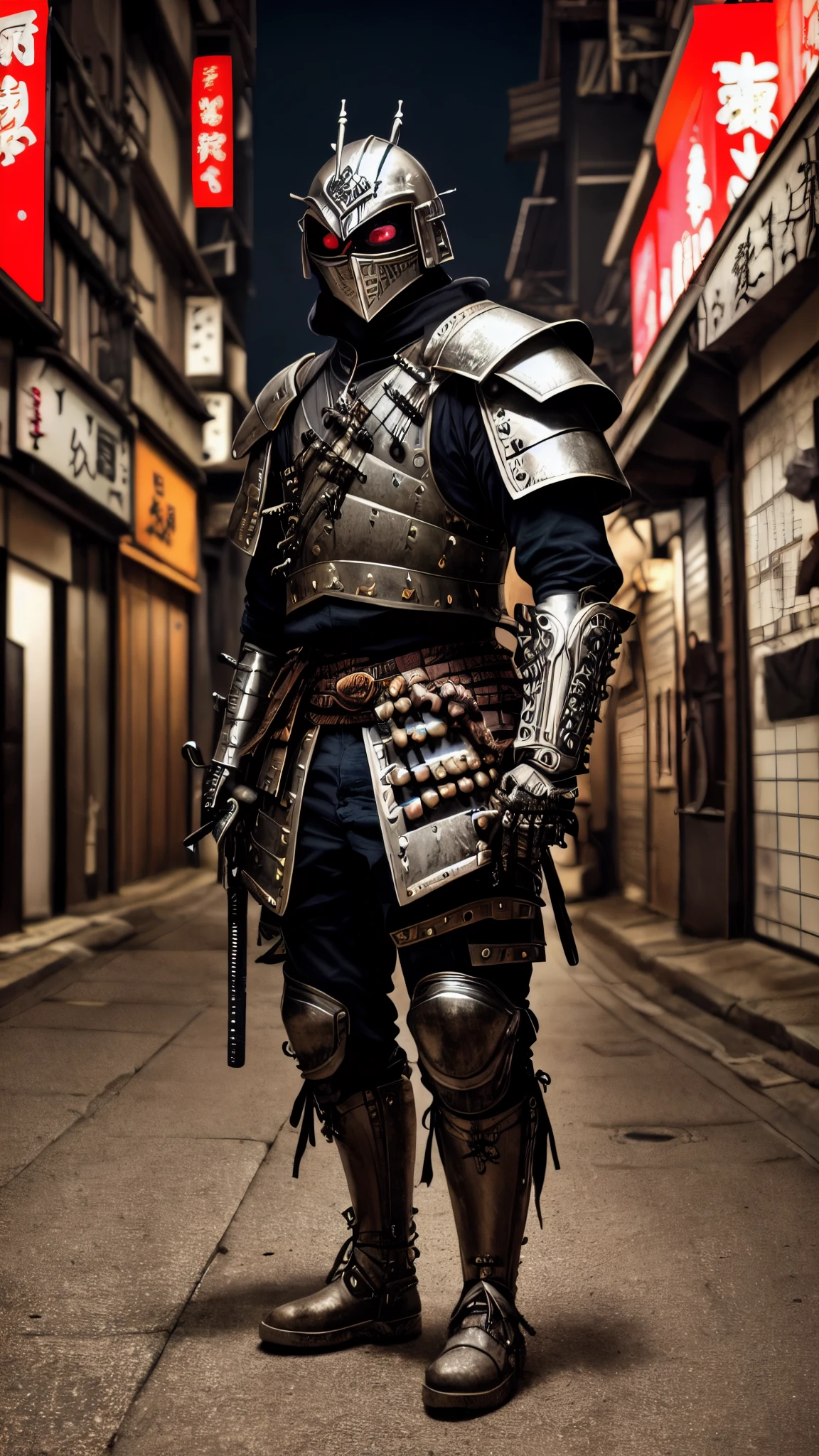un hombre con armadura parado en una calle de la ciudad por la noche, very beautiful cyberpunk samurai, cyberpunk samurai, neon samurai, portrait of a cyberpunk samurai, samurai urbano, Traje de llama cyberpunk, armadura ciberpunk, Japanese cybernetic samurai armor, cyborg samurai, caballero ciberpunk, neon armor, wearing techwear and armor, cyber japan style armor, japan cyber armor, gladiador ciberpunk, intricate armadura ciberpunk