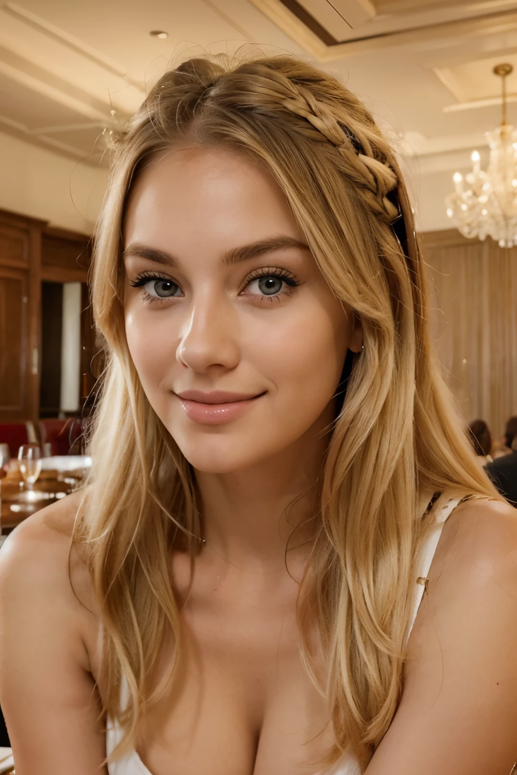 beautiful, 26 year old platin blonde pretty smilling woman with symmetric face, big symmetric eyes and lips,very huge , having lunch at a fancy restaurant, ultra realistic