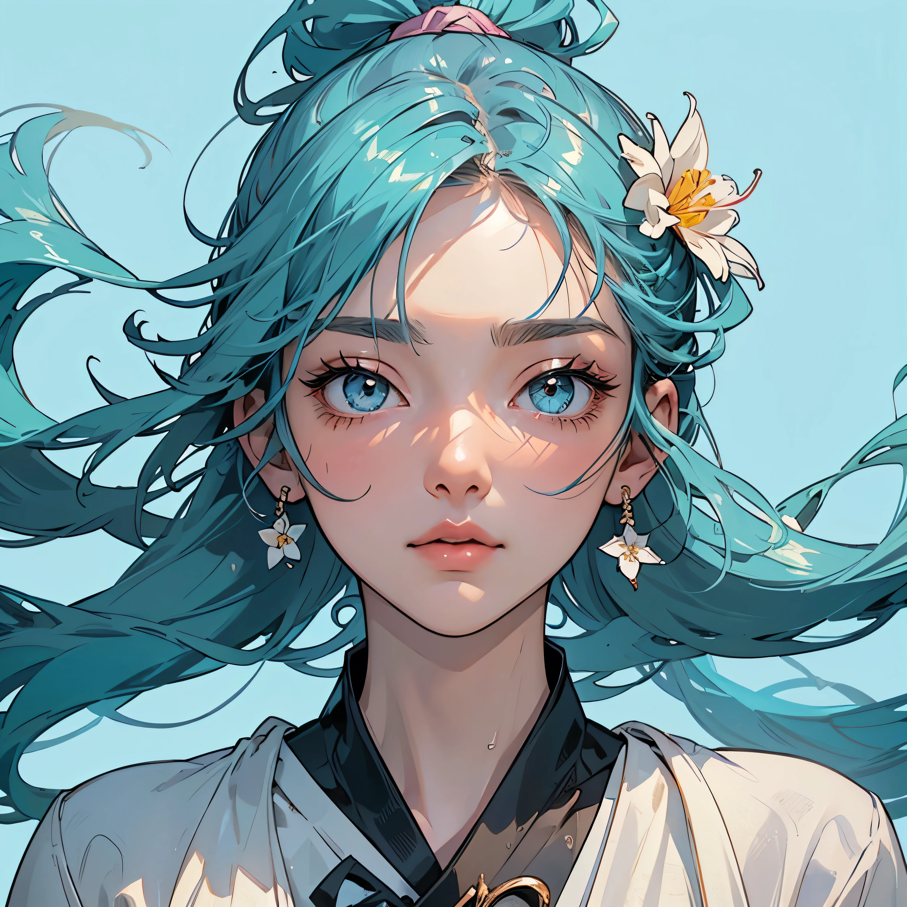 (masterpiece), (best quality), (ultra detailed),(disheveled hair),(illustration), (1girl), (Fashionable clothing), standing, Fashion model, looking at viewer, (interview), (simple background),beautiful detailed eyes, delicate beautiful face, Floating,(high saturation),(colorful splashes),colorful bubble,(shining), focus on face, ponytail, kamisato ayaka, light blue hair, bangs, hair ring, floating flowers, floating hairs, (shining), best lighting, best shadow,