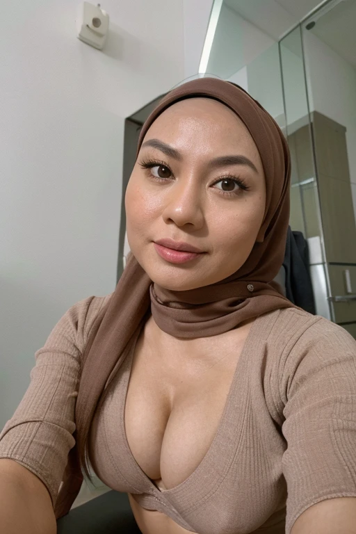 (hyperdetailed, Hyper-Realism), ((8K, realistic)) Pan asian Malay women with hijab, plump , POV shot, soft chubby body, mature, ((Realistic on skin detail)), with normal bra on , ((realistic bra detailed, daily normal bra type)),  face
