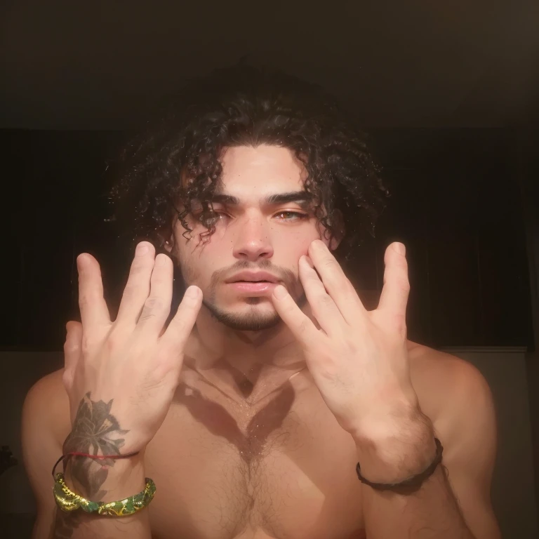hay un hombre con el pelo rizado y sin camisa, manos en la cara, llevando sus manos a su cara, your palms are sweaty, sin rasgos faciales, con ojos angustiados y pelo rizado, rasgos faciales fuertes, cuerpo perfecto cara y manos, holding it towards the camera, Symmetrical Hands, manos corregidas, piel sudorosa!!, cara bien afeitada y hermoss