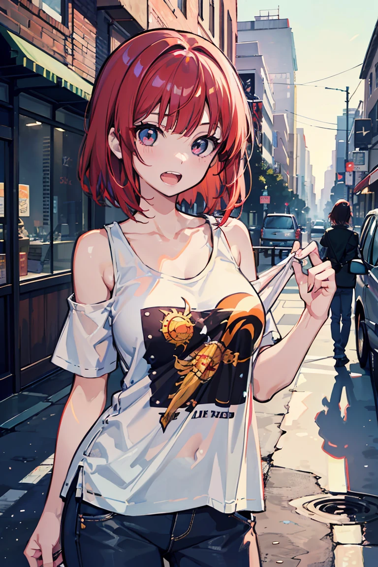 (1 girl), (Dragon), Dragon Horn, (super high quality), masterpiece, Cowboy Shot, burn, Deep red hair, Mid Cut, Tie up the ends of your hair, Casual Scene, Tense atmosphere, She is wearing fashionable clothes, sun, Gives off warm tones, Street atmosphere, Perfect body, (E Cup:1.2), Wide open mouth, Jagged teeth, Fresh, (Asymmetrical bangs:1.3)Highly detailed face and eyes, Three white eyes, Band T-shirts, (Exposing shoulders), Digital Art, beautiful, Cinema Lighting, By Yusuke Murata.tonality, Romanticism, modern art, Impressionism, reflected light, 8k, masterpiece, Advanced Details, highest quality, Accurate anatomy