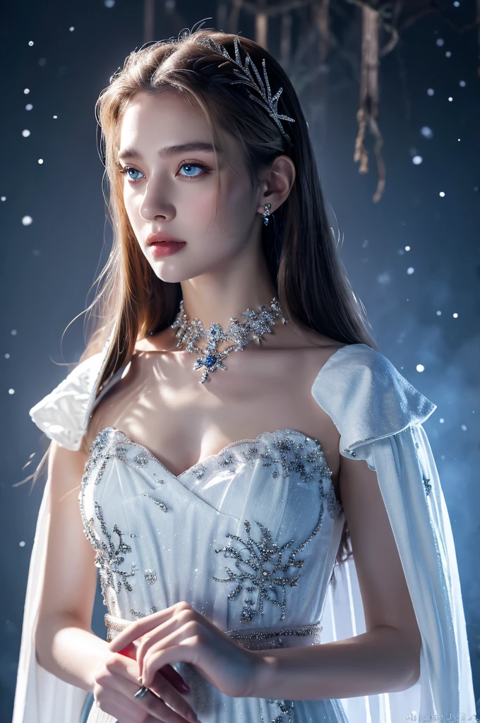 ( masterpiece, top quality, best quality,8k,17 years old girl,ultra detailed,raw photo:1.5),(photorealistic:1.4),(cinematic lighting), PerfectNwsjMajic, , Surrealism, UHD, ccurate, Super detail, textured skin, High detail, Best quality, dynamic angle, (high nose,White skin),[Beautiful blue eyes],[flat chest:large breasts:0.5],(1girl),(good anatomy:0.5)), of a woman in a dress with a sword, a beautiful fantasy empress, ((a beautiful fantasy empress)), beautiful fantasy maiden,snow, jewelry, splendor 