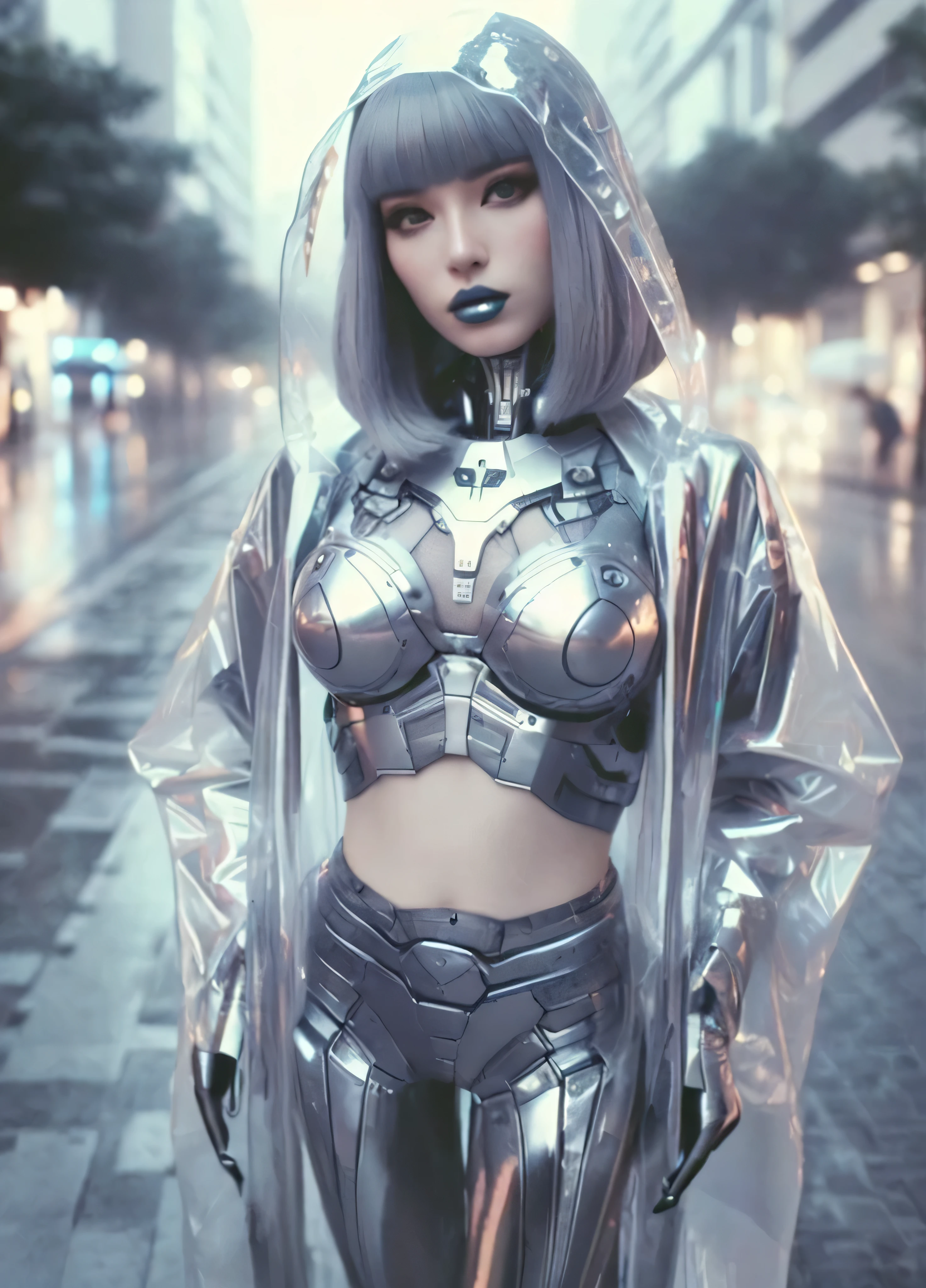 um close de uma mulher com uma roupa prateada parada em uma rua, modelo ciborgue, mulher futurista elegante, estilo cyberpunk silenciado, visual futurista, ciborgue - garota com cabelo prateado, cyber universe style, vestindo roupas futuristas, Estilo futurista, garota ciborgue, traje futurista, Cyberpunk Pearl Armor, foto de moda ciborgue, moda urbana ciberpunk, ciberpunk futurista, cute garota ciborgue, Moda futurista