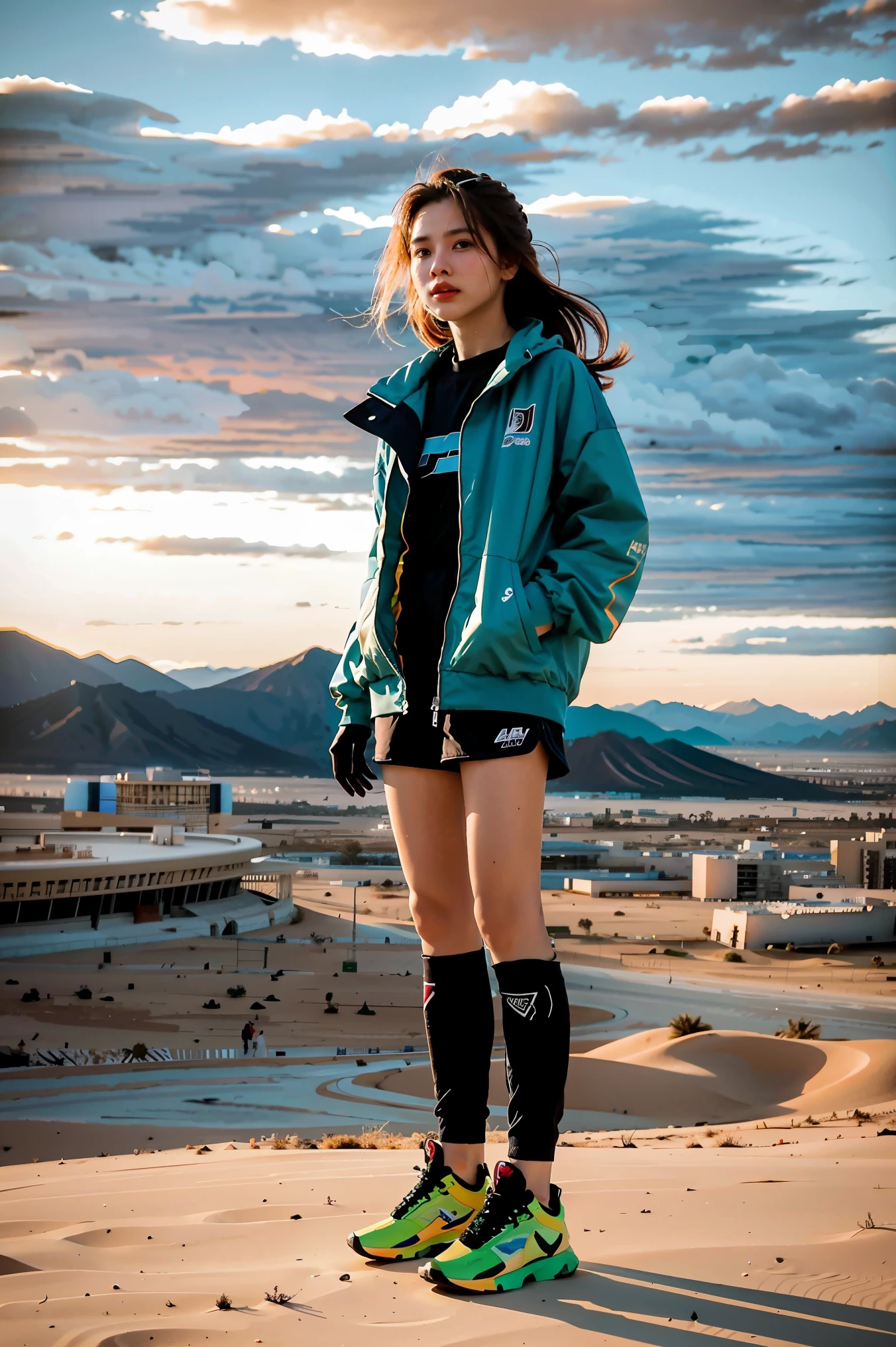 Mountain at sunset, a futuristic city in the desert as background, low clouds cover mountain, realistic+high intricate details, colorful clothing, full bodies, 16k.