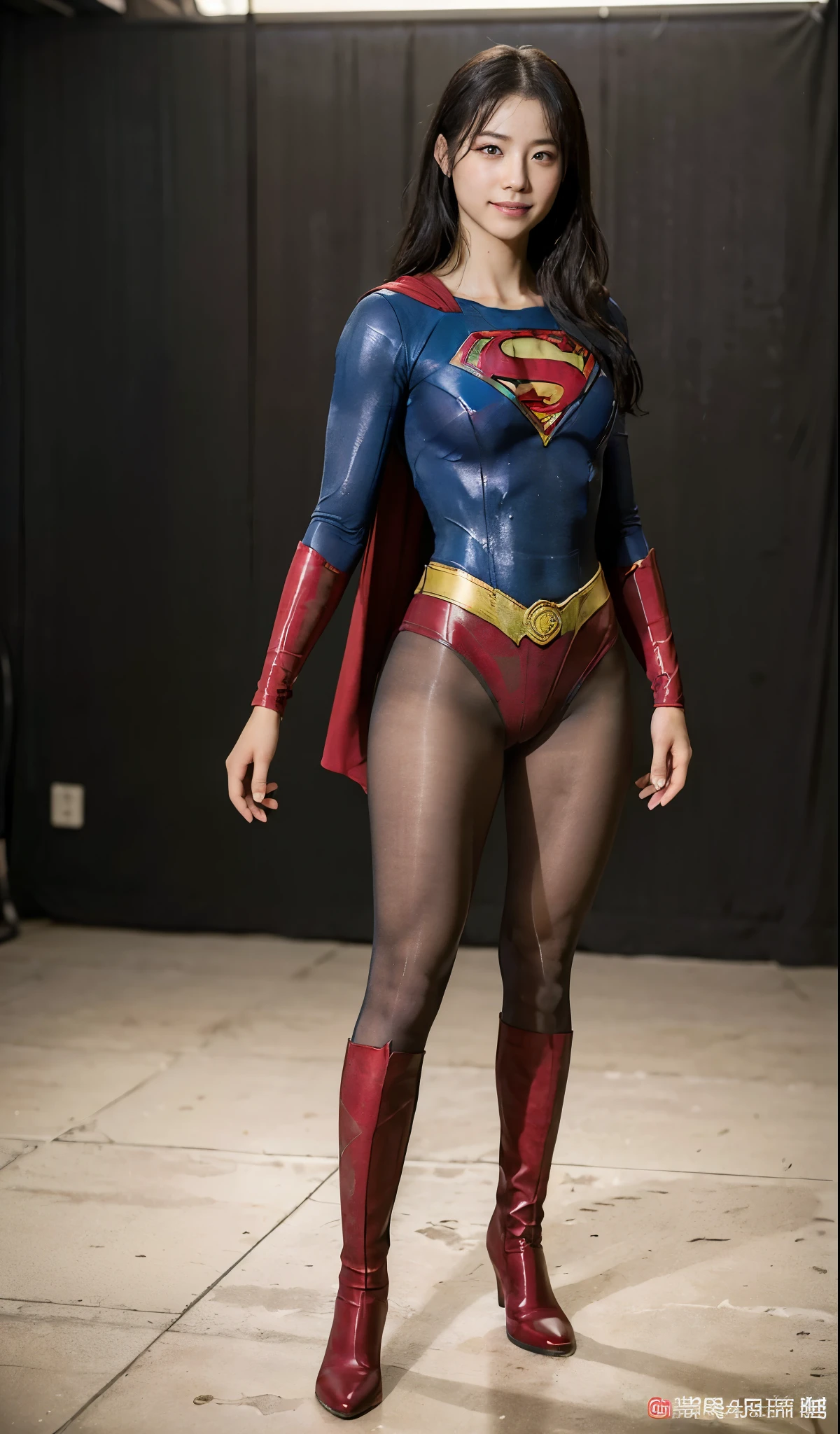 No background、(((Beautiful legs in black tights.)))、(((Legally express the beauty of your smile)))、((((Make the most of your original images)))、(((Supergirl Costume)))、(((Beautiful Hair)))、(((suffering)))、(((Please wear black tights....、Wear red boots)))、((Best image quality、8K))、((highest quality、8K、masterpiece:1.3))、(((Preserve background )))、Sharp focus:1.2、Beautiful woman with perfect figure:1.4、Thin abdominal muscles:1.2、Wet body:1.5、Highly detailed face and skin texture、8K