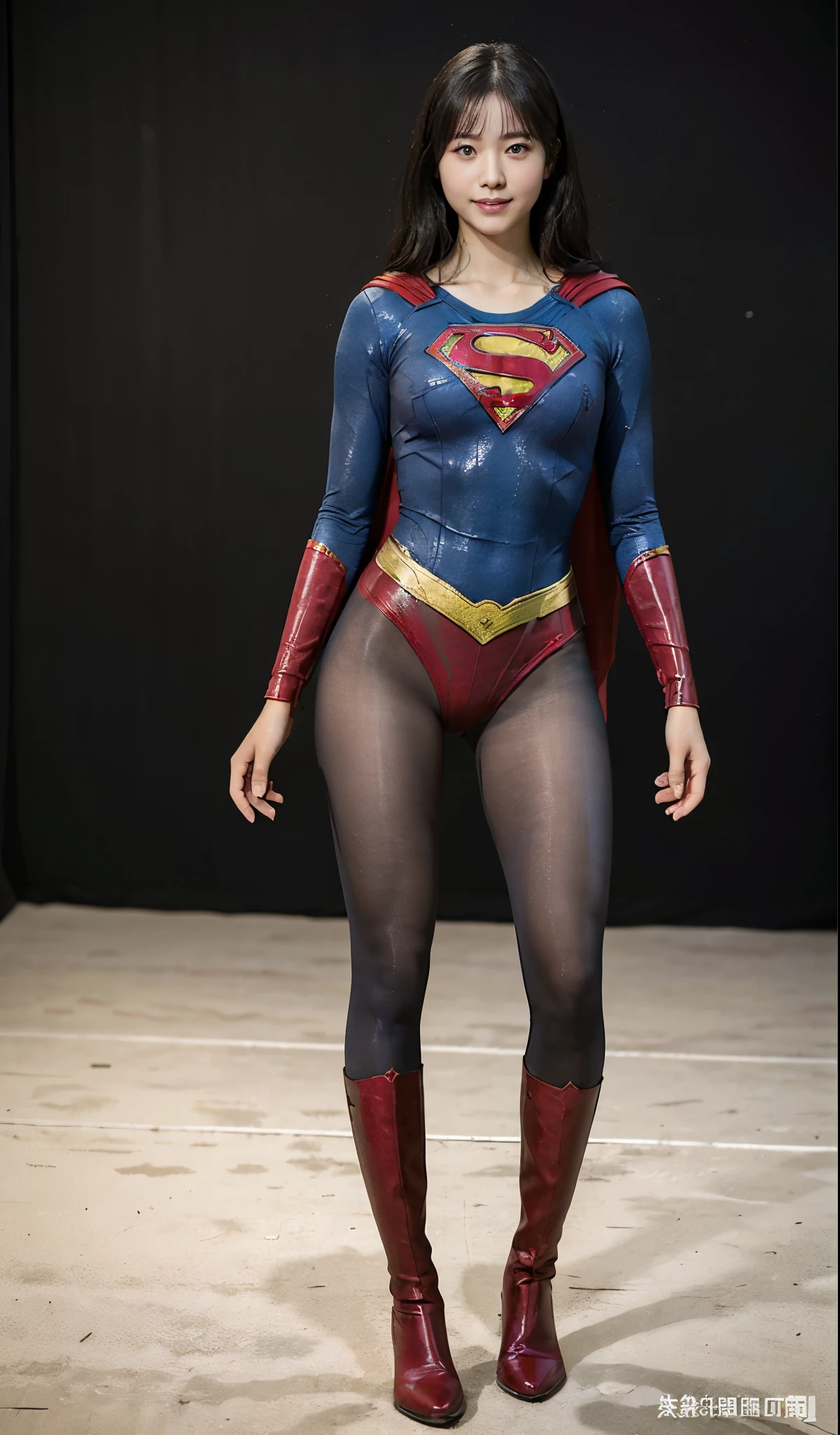 No background、(((Beautiful legs in black tights.)))、(((Legally express the beauty of your smile)))、((((Make the most of your original images)))、(((Supergirl Costume)))、(((Beautiful Hair)))、(((suffering)))、(((Please wear black tights....、Wear red boots)))、((Best image quality、8K))、((highest quality、8K、masterpiece:1.3))、(((Preserve background )))、Sharp focus:1.2、Beautiful woman with perfect figure:1.4、Thin abdominal muscles:1.2、Wet body:1.5、Highly detailed face and skin texture、8K