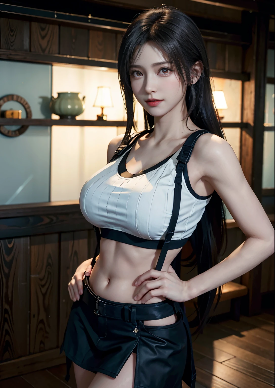 (Realistic: 1.4), highest quality, Very delicate and beautiful, High resolution, One girl, Tifa_Lockhart, smile, Cowboy Shot, suspenders, Low rise, mini skirt, Tank top, Tense shirt, Black Hair, Long Hair, Elbow hand pockets, Beautiful and detailed red eyes, Face Light, Cinema Lighting, belly button, High exposure, Exposed belly, rib, Abdominal muscles, ( Huge breasts: 1.2), Dynamic pose, Dynamic Angle,