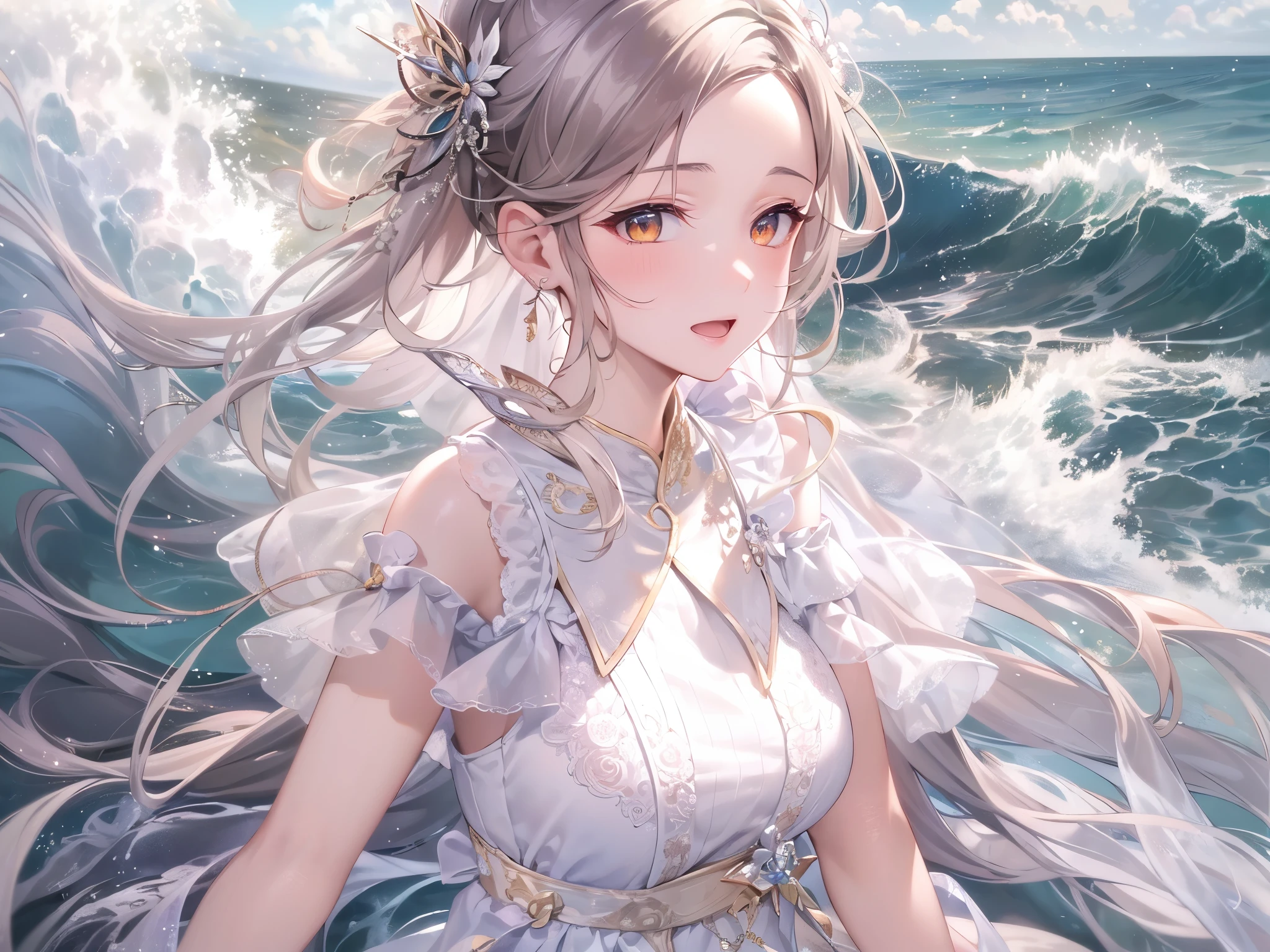 ((highest quality)),(Ultra-high resolution),(Very detailed),(Detailed Description),((The best CG)),(A masterpiece),Ultra-precise art,amazing drawing art,(Art with precise detail:1.5), Gentle Breeze, Raging waves, Sparkling light