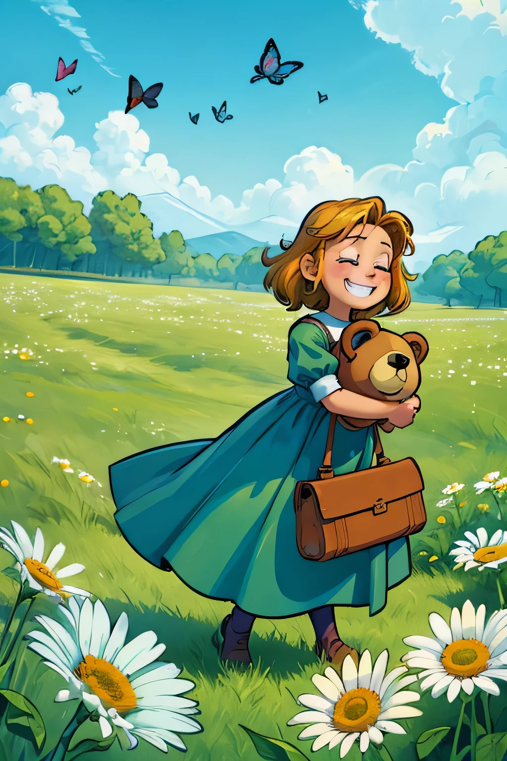 a girl With her faithful teddy bear in tow, she skipped through fields of daisies, chasing butterflies and giggling with delight children book illustration cartoon book cover.