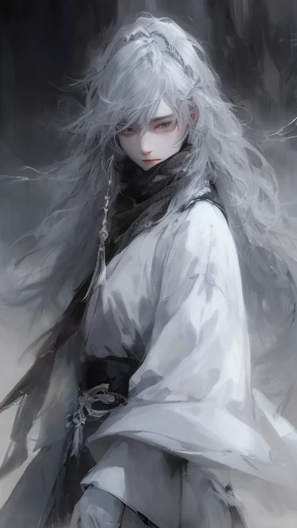 a close-up of a man with white hair and a black scarf, um retrato de personagem de Yang J, vencedor do concurso pixiv, arte de fantasia, divindade de cabelos brancos curtos, linda pintura de personagem, artwork in the style of Guweiz, o olhar penetrante de Yuki Onna, Guweiz, com cabelos longos brancos, com longos cabelos brancos, cabelos soltos e vestes longas