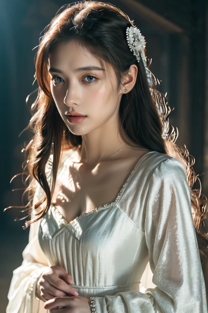 ( masterpiece, top quality, best quality,8k,17 years old girl,ultra detailed,raw photo:1.5),(photorealistic:1.4),(cinematic lighting), PerfectNwsjMajic, , Surrealism, UHD, ccurate, Super detail, textured skin, High detail, Best quality, dynamic angle, (high nose,White skin),[Beautiful blue eyes],[flat chest:large breasts:0.5],(1girl),(good anatomy:0.5)), of a woman in a dress with a sword, a beautiful fantasy empress, ((a beautiful fantasy empress)), beautiful fantasy maiden, jewelry, splendor 