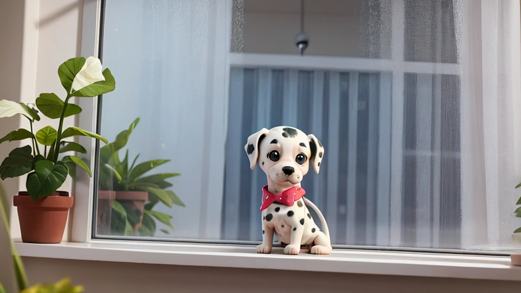 Borys, the dalmatian puppy, looked out the window with a sad expression. Gotas de chuva escorriam pelo vidro,