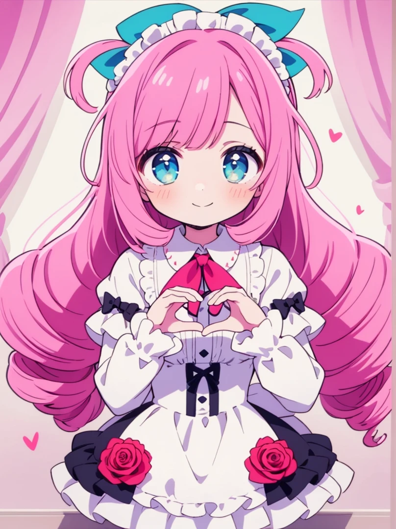 masterpiece,最high quality,The best smile,Focus on the eyes,Rose pink hair_Twin Drill Tail,girl,Milky White Lolita Fashion,Pastel pink taste,Pastel Blue、ribbon,Frillaking a heart with both hands、high quality,Beautiful graphics,Attention to detail、puppy