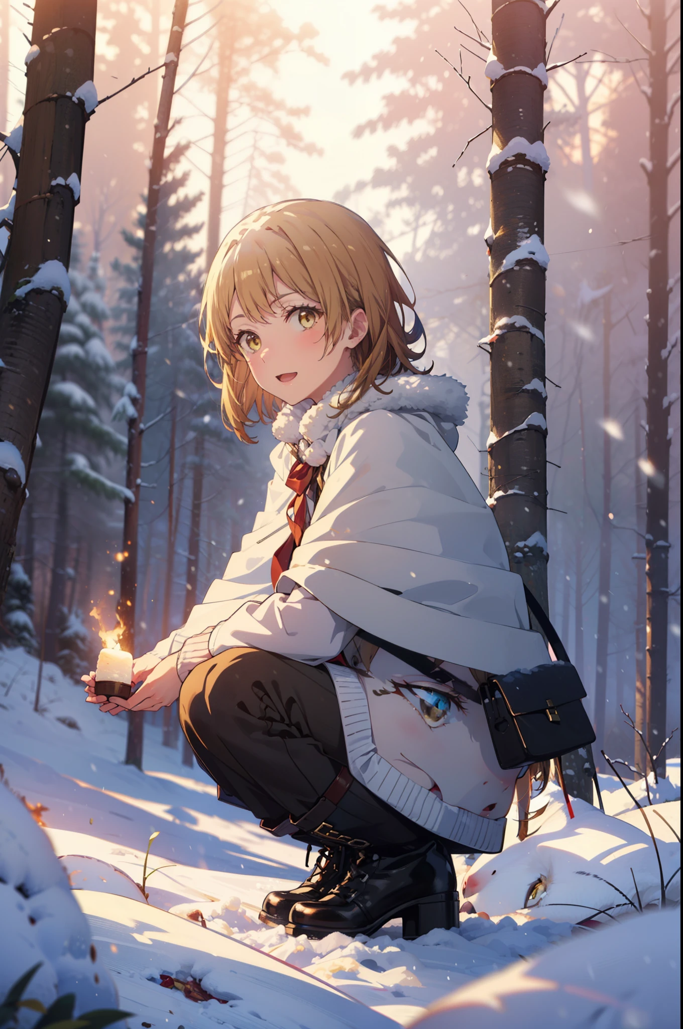 irohaisshiki, Iroha Isshiki, short hair, Brown Hair, (Brown eyes:1.5), smile,
Open your mouth,snow, fire, Outdoor, boots, snowing, From the side, wood, suitcase, Cape, Blurred, Food Up, forest, White handbag, nature, Squat, Mouth closed, フードed Cape, winter, Written boundary depth, Black shoes, red Cape break looking at viewer, Upper Body, whole body, break Outdoor, forest, nature, break (masterpiece:1.2), highest quality, High resolution, unity 8k wallpaper, (shape:0.8), (Beautiful and beautiful eyes:1.6), Highly detailed face, Perfect lighting, Extremely detailed CG, (Perfect hands, Perfect Anatomy),