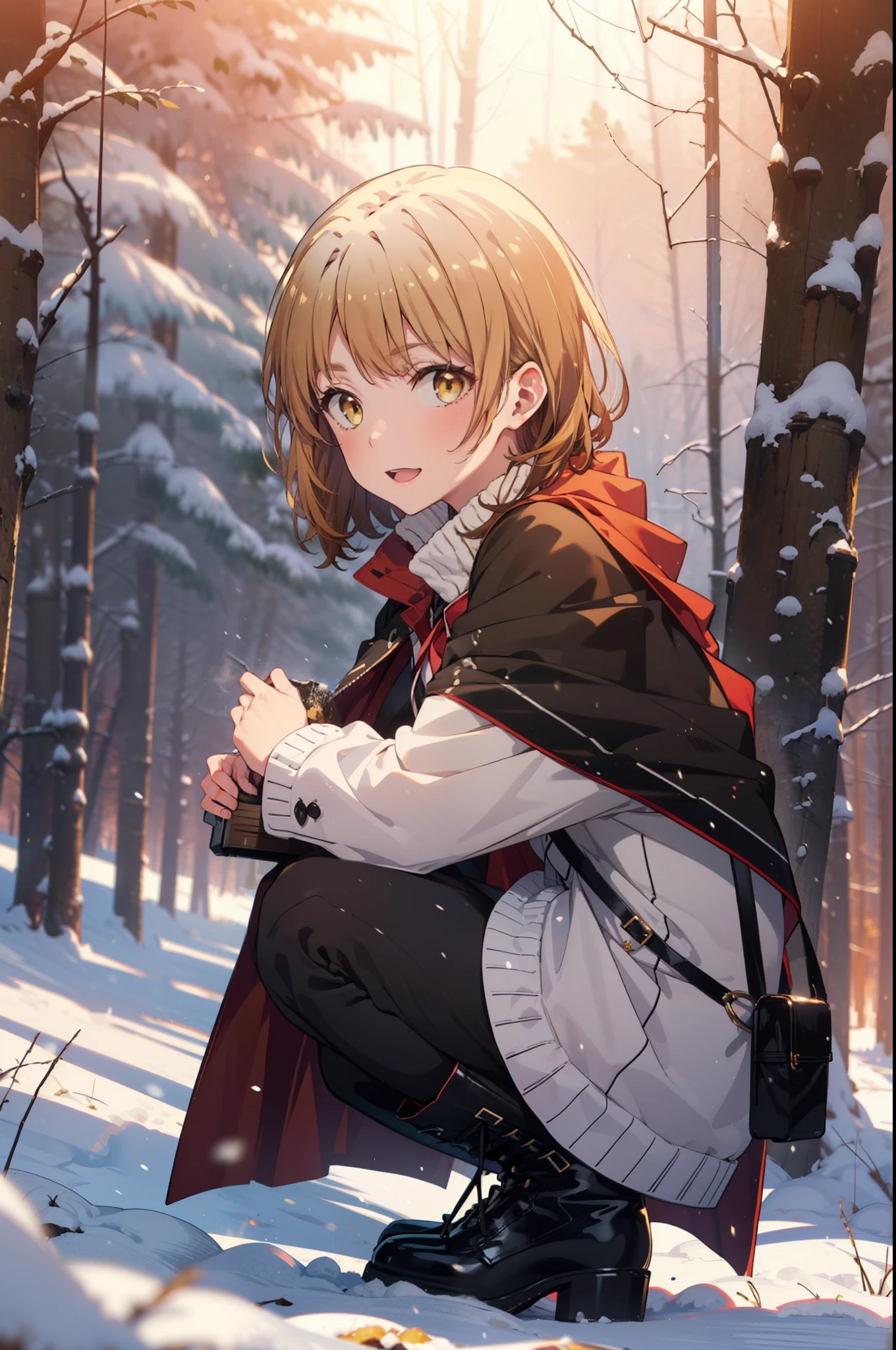 irohaisshiki, Iroha Isshiki, short hair, Brown Hair, (Brown eyes:1.5), smile,
Open your mouth,snow, fire, Outdoor, boots, snowing, From the side, wood, suitcase, Cape, Blurred, Food Up, forest, White handbag, nature, Squat, Mouth closed, フードed Cape, winter, Written boundary depth, Black shoes, red Cape break looking at viewer, Upper Body, whole body, break Outdoor, forest, nature, break (masterpiece:1.2), highest quality, High resolution, unity 8k wallpaper, (shape:0.8), (Beautiful and beautiful eyes:1.6), Highly detailed face, Perfect lighting, Extremely detailed CG, (Perfect hands, Perfect Anatomy),