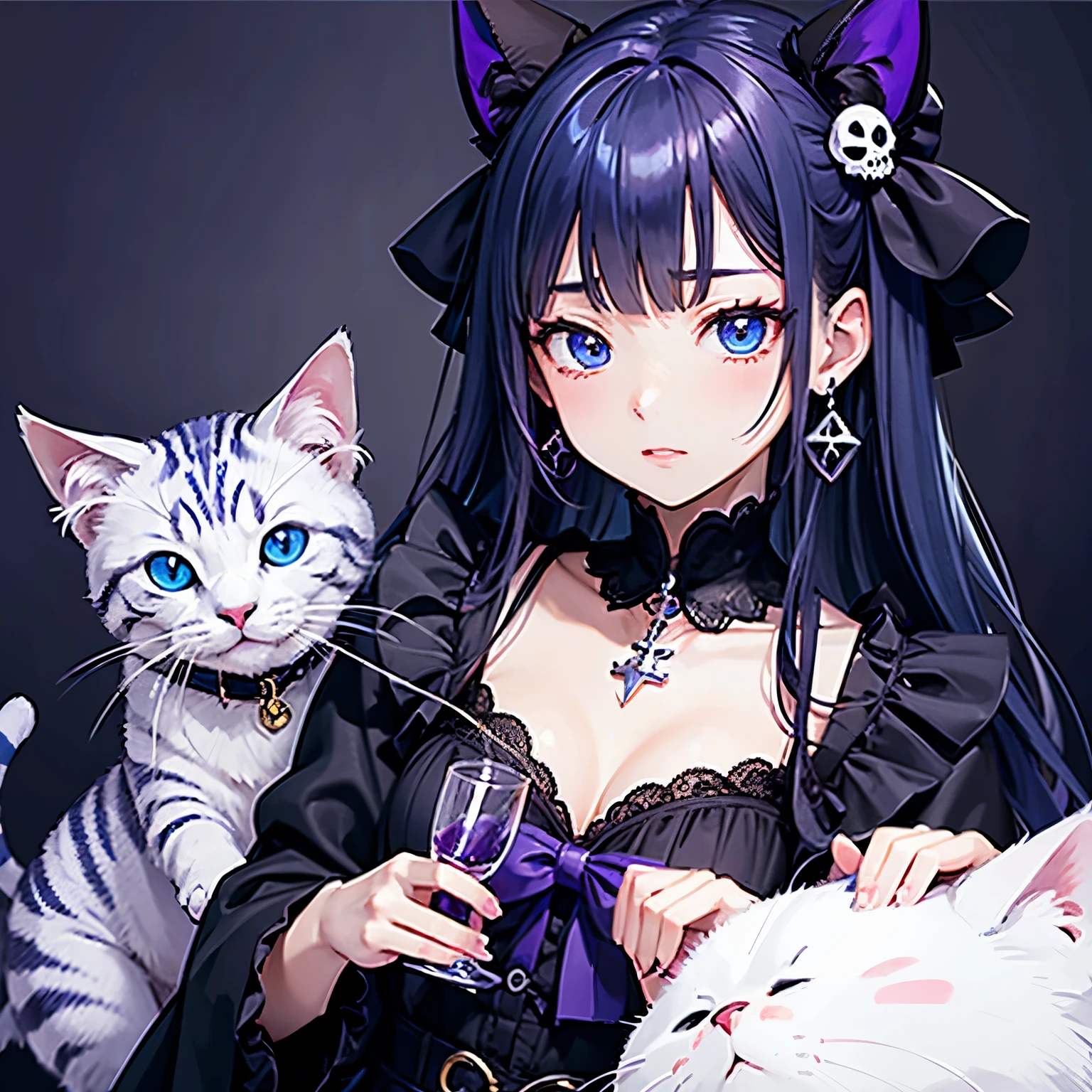 Holding a purple bottle、scholar、math、purple poison、skull、study、Cat with navy blue ribbon、Navy blue hair、Navy blue eyes