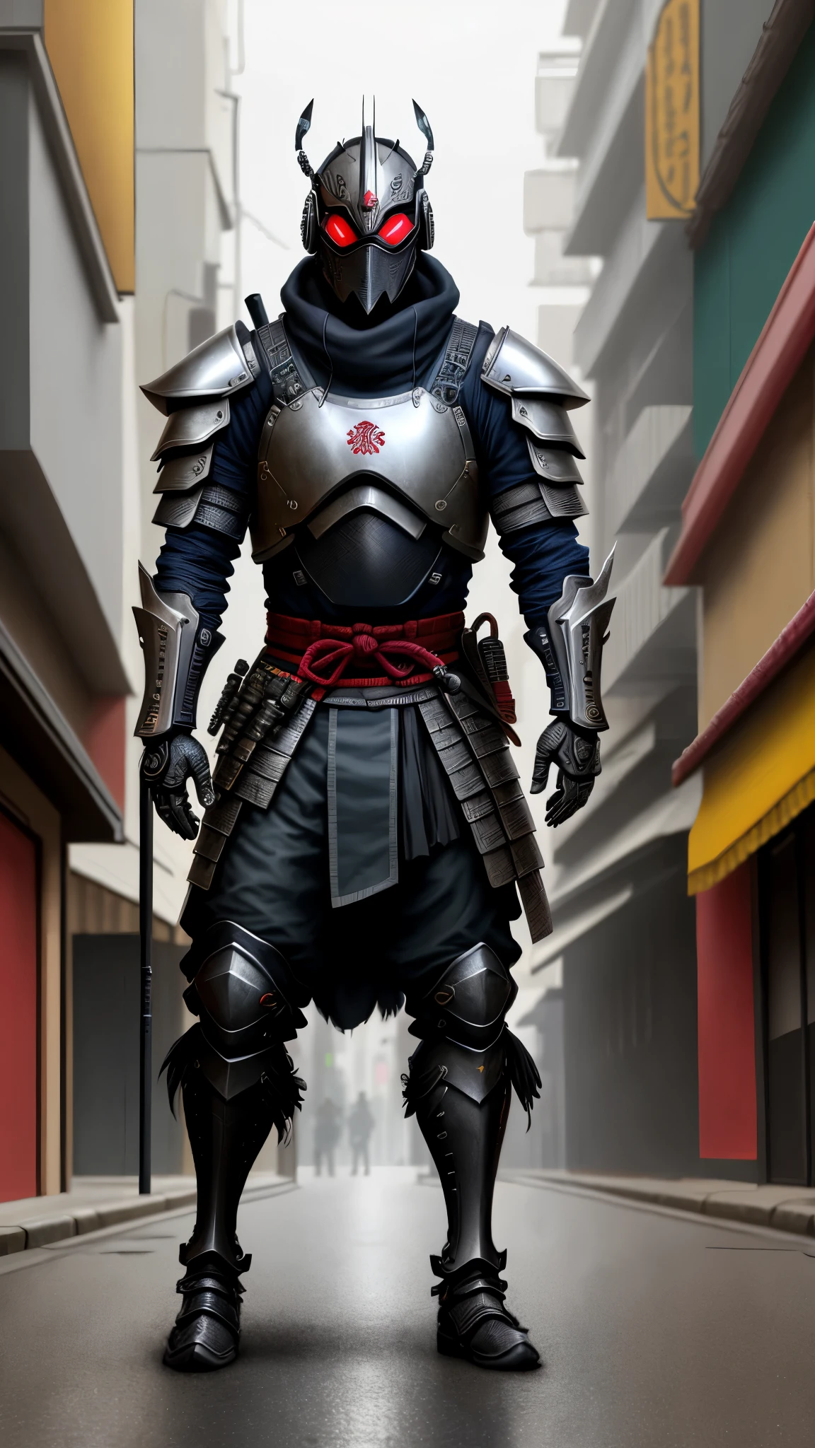 un hombre con armadura parado en una calle de la ciudad por la noche, very beautiful cyberpunk samurai, cyberpunk samurai, neon samurai, portrait of a cyberpunk samurai, samurai urbano, Traje de llama cyberpunk, armadura ciberpunk, Japanese cybernetic samurai armor, cyborg samurai, caballero ciberpunk, neon armor, wearing techwear and armor, cyber japan style armor, japan cyber armor, gladiador ciberpunk, intricate armadura ciberpunk